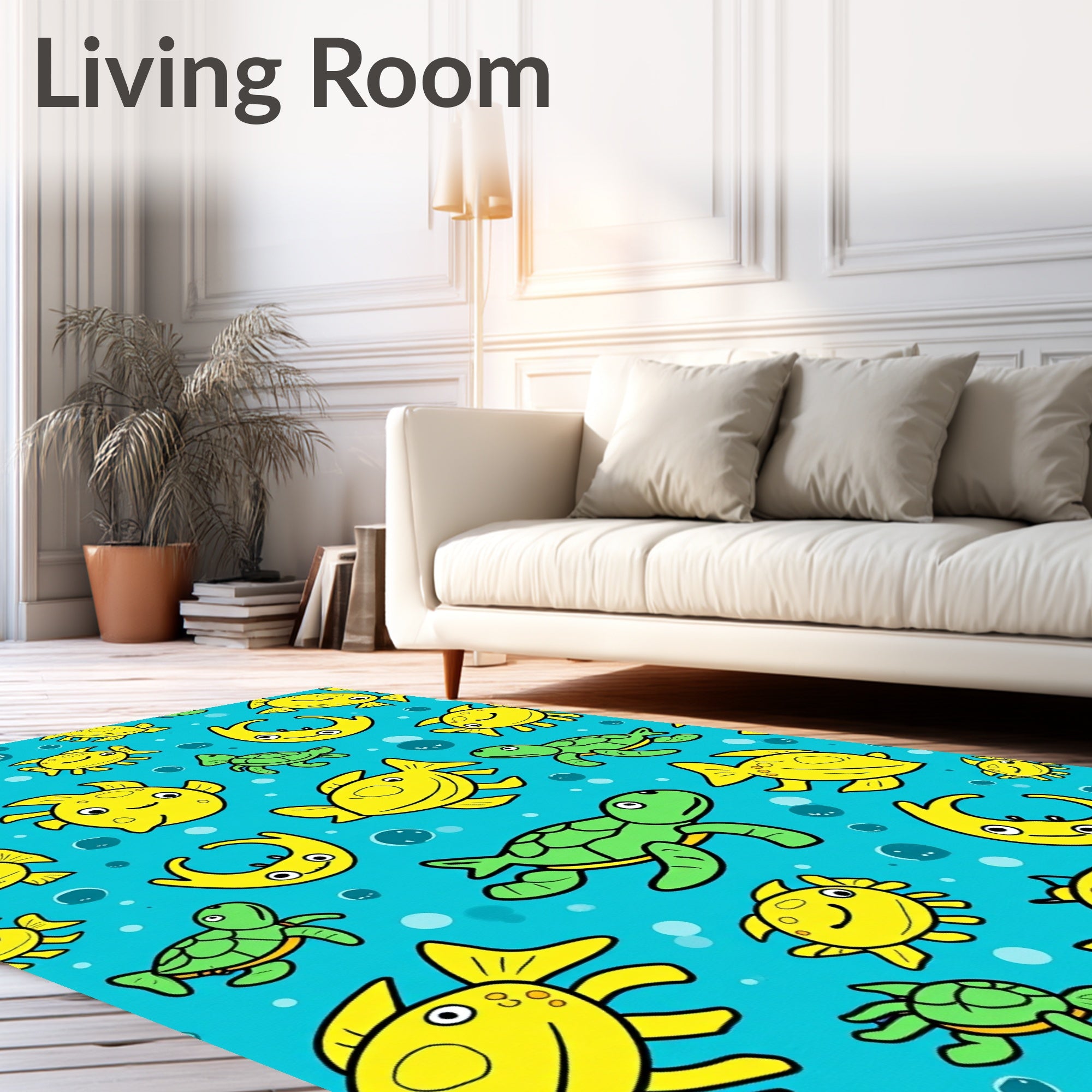 Yellow Fish Green Turtles Blue Ocean Rug