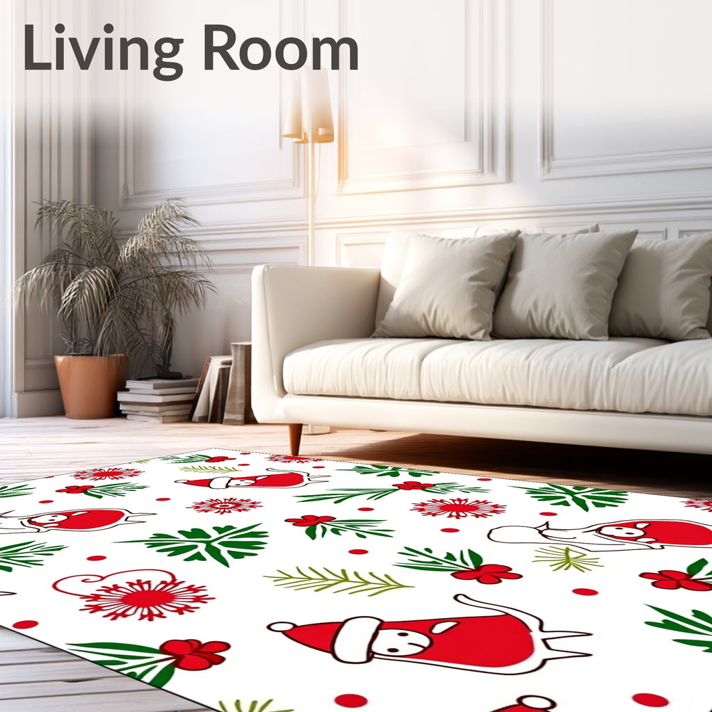 Festive Red Christmas Character Holly Snowflakes Rug