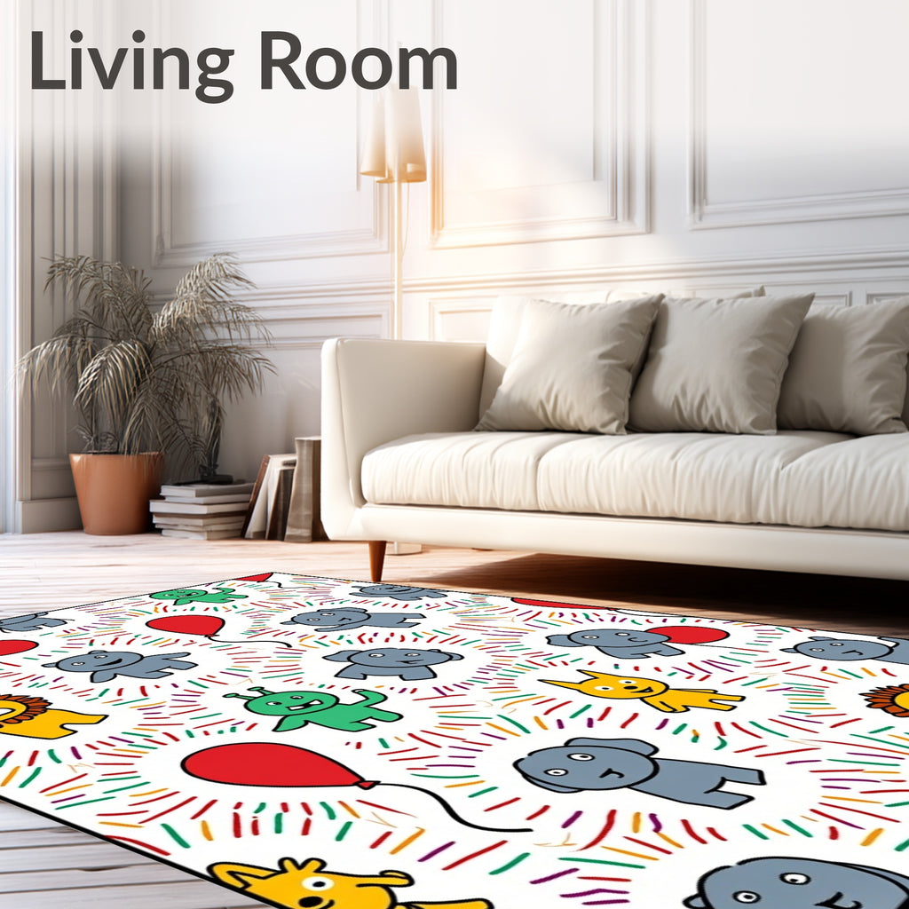 Cheerful Cartoon Animals Red Balloon Explosion Rug