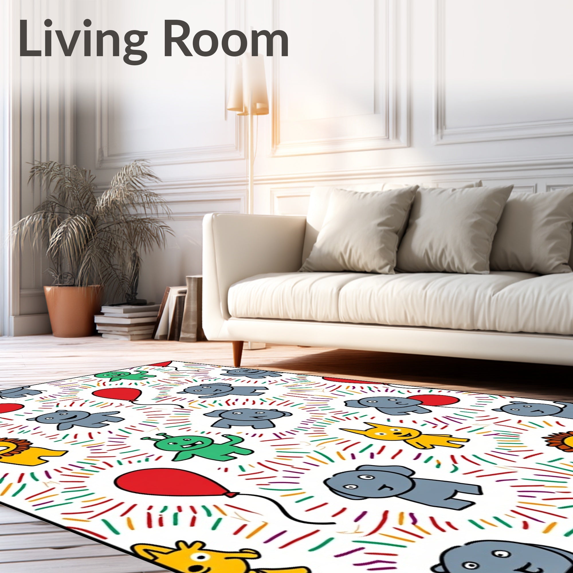 Cheerful Cartoon Animals Red Balloon Explosion Rug