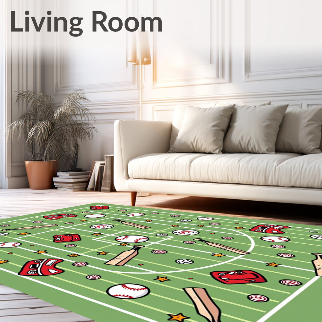 Green Baseball Field Playful Sports Collage Rug
