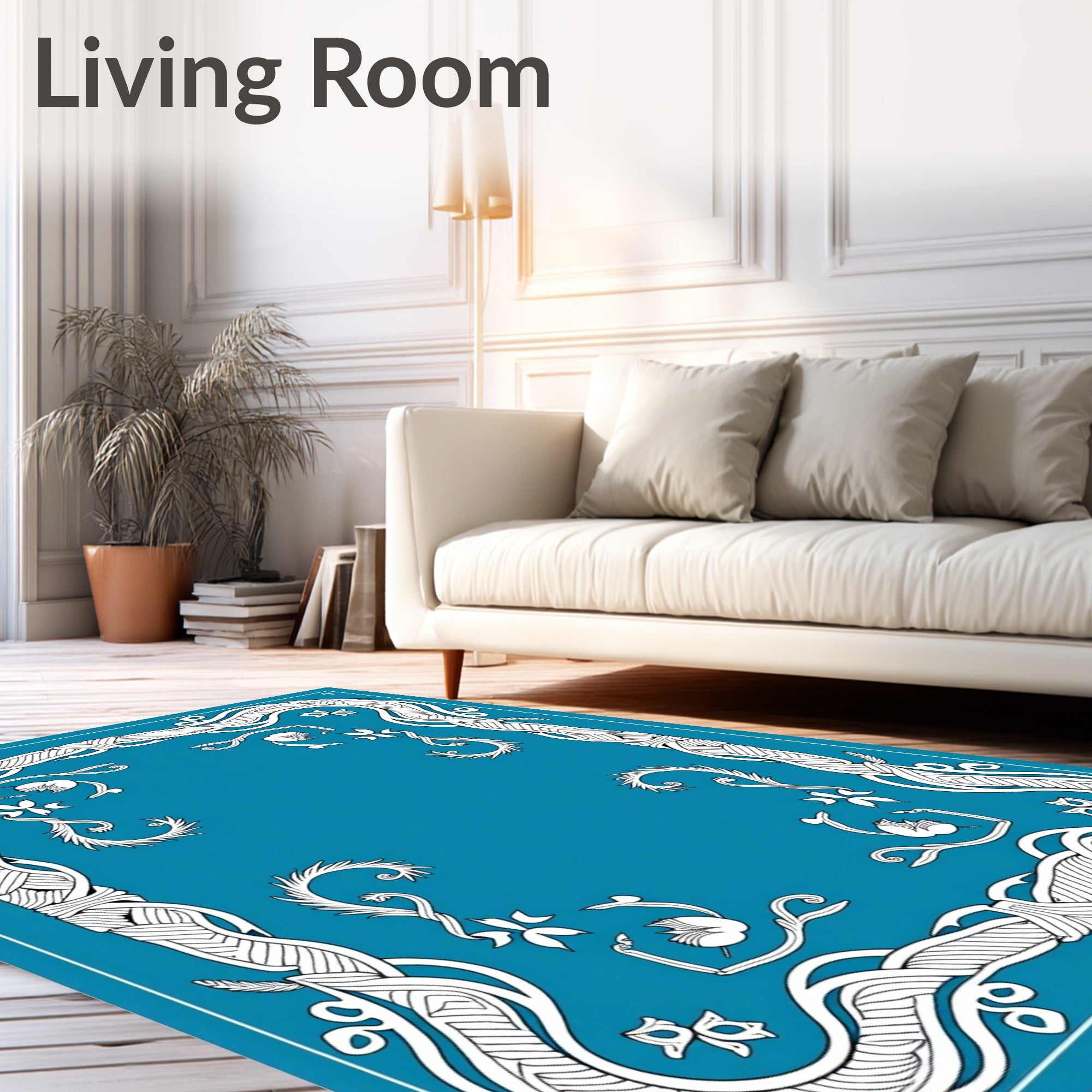 Art Nouveau Cyan Floral Swirl Border Rug