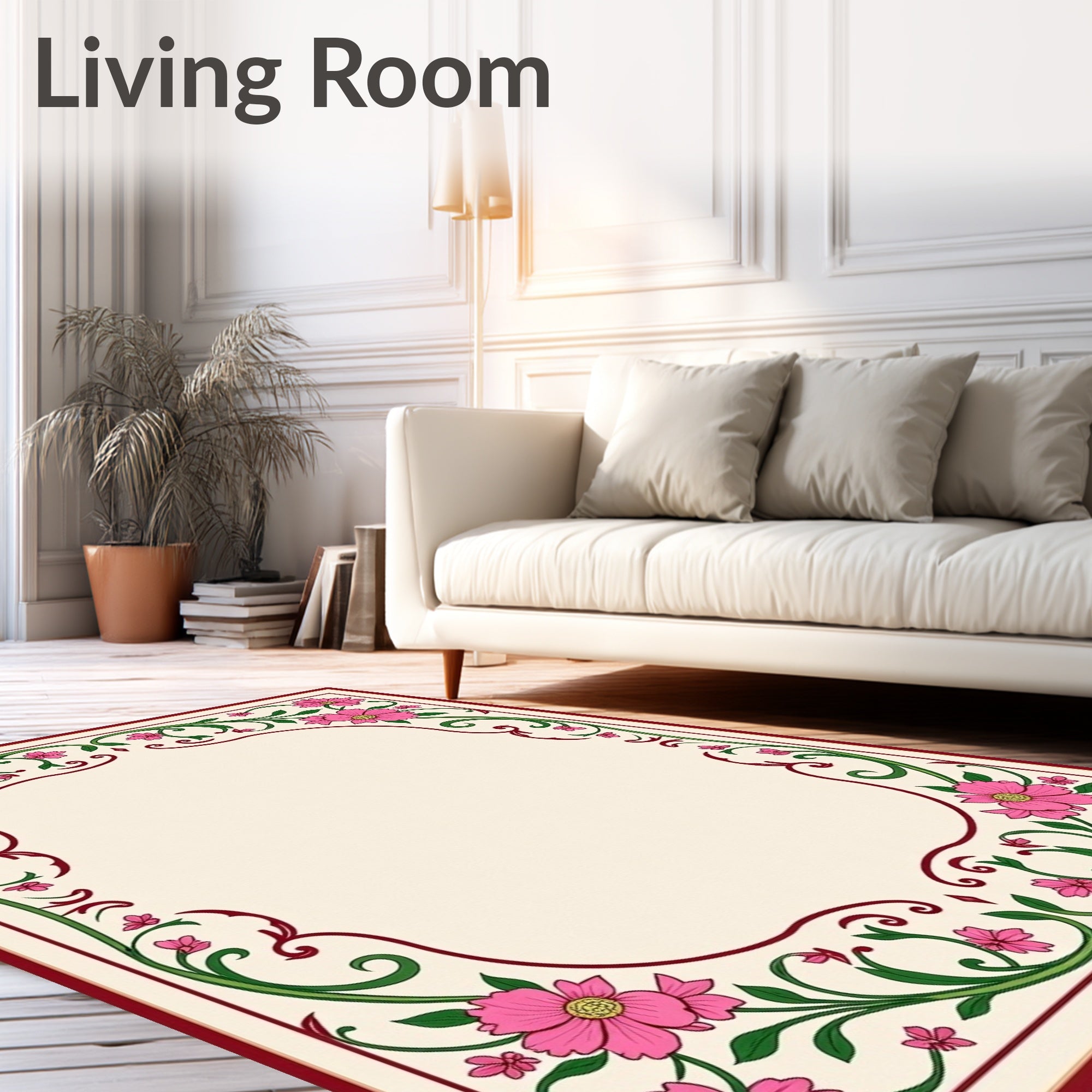 Pink Floral Vines Border Rug