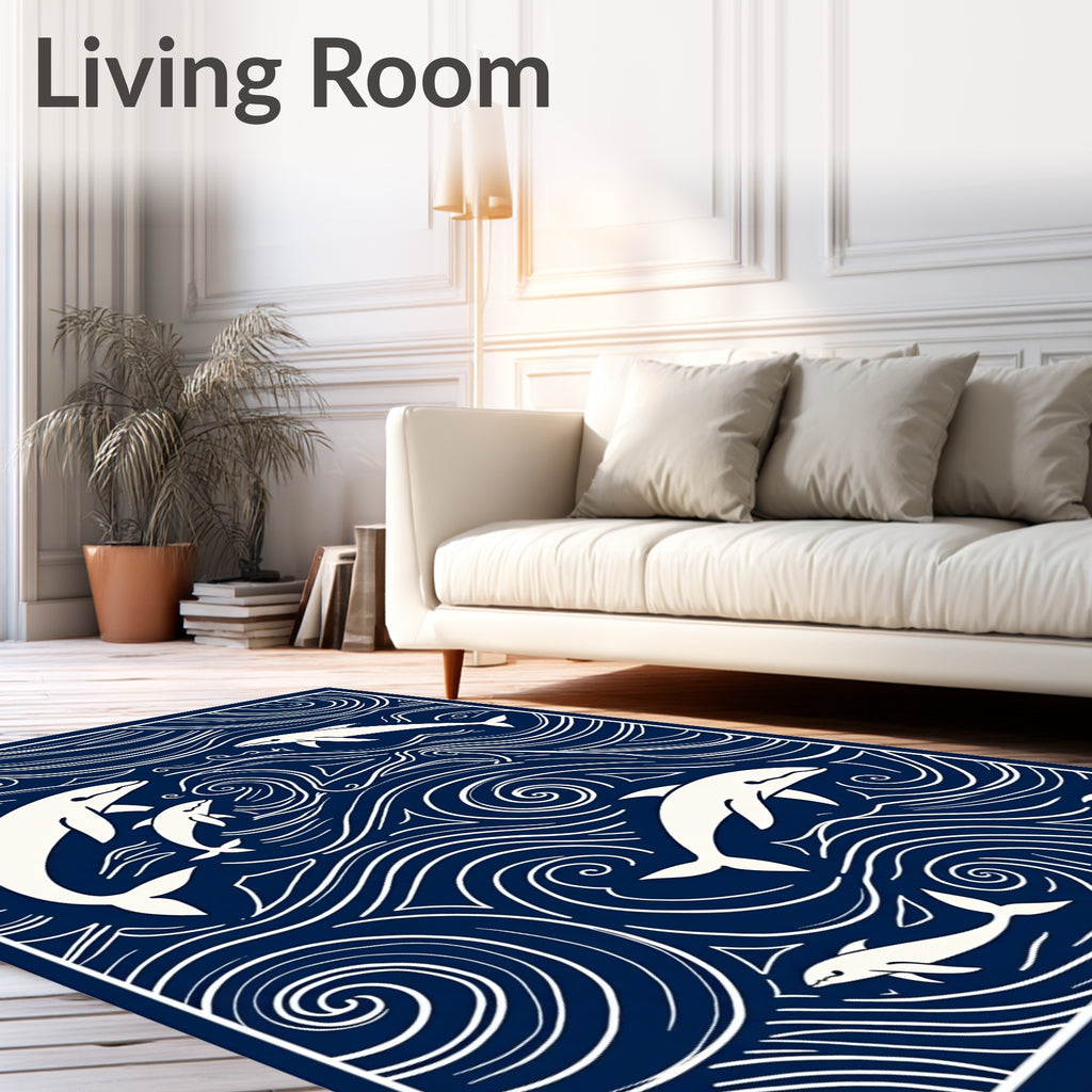 Navy White Dolphin Ocean Swirls Rug