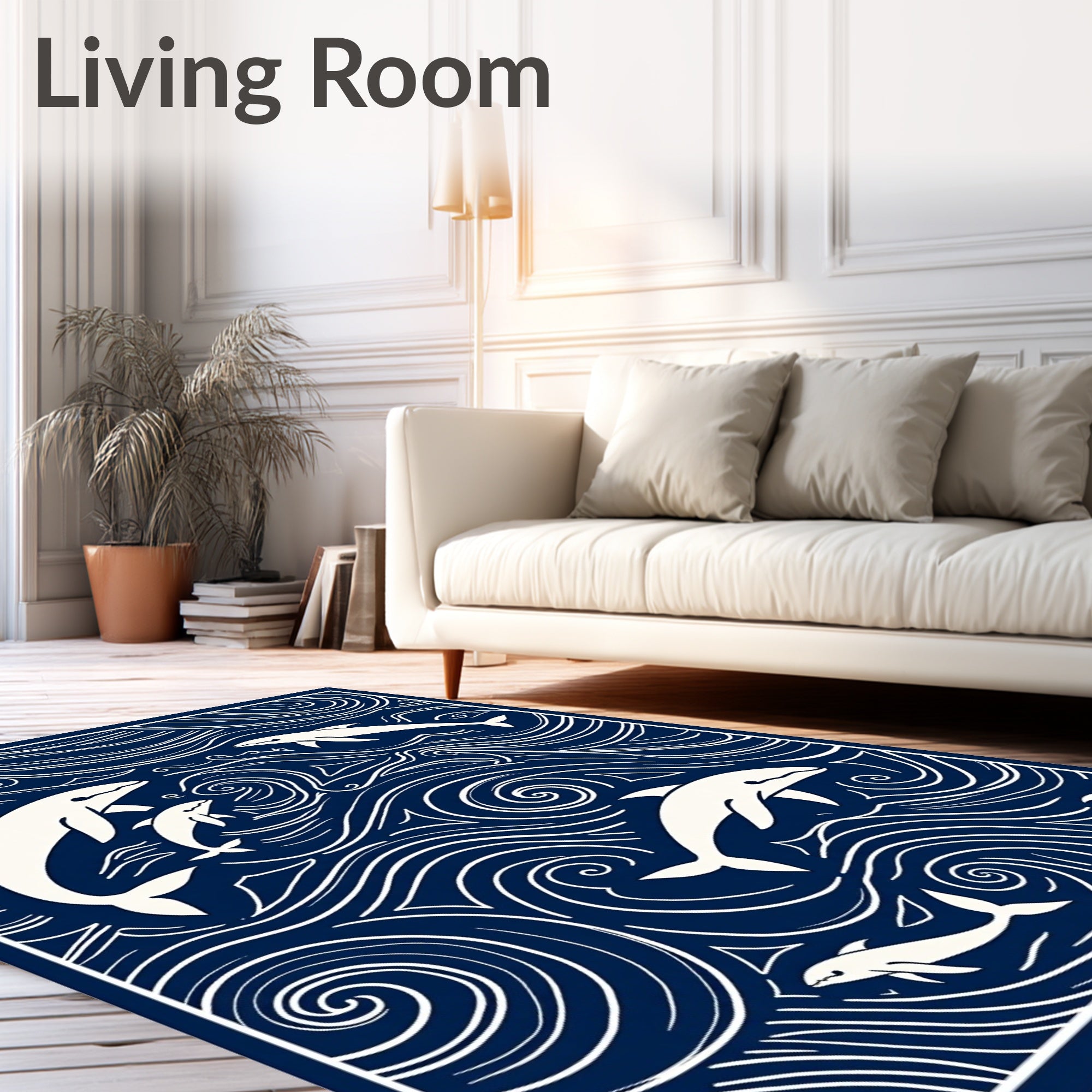 Navy White Dolphin Ocean Swirls Rug