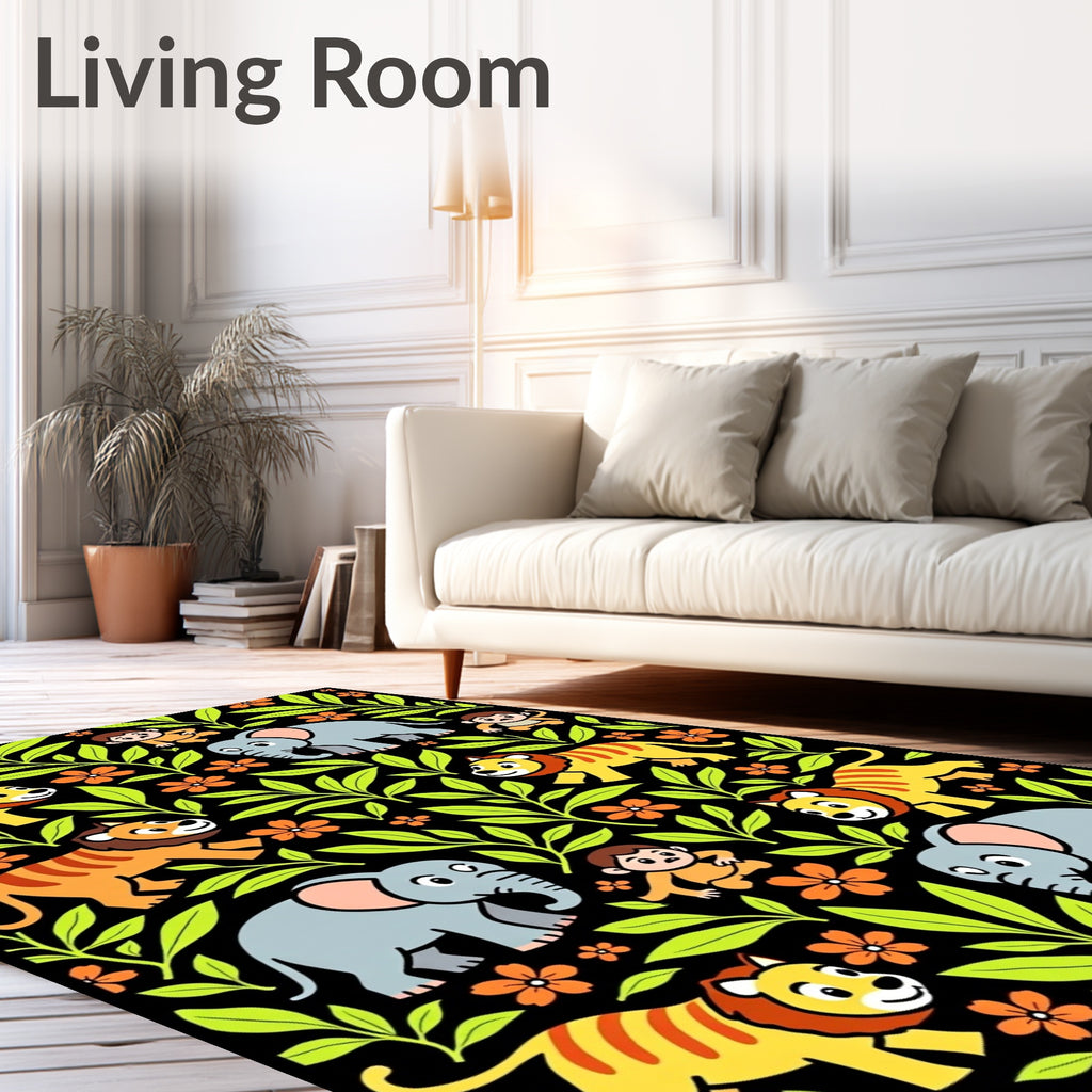 Jungle Animals Green Leaf Orange Flower Rug