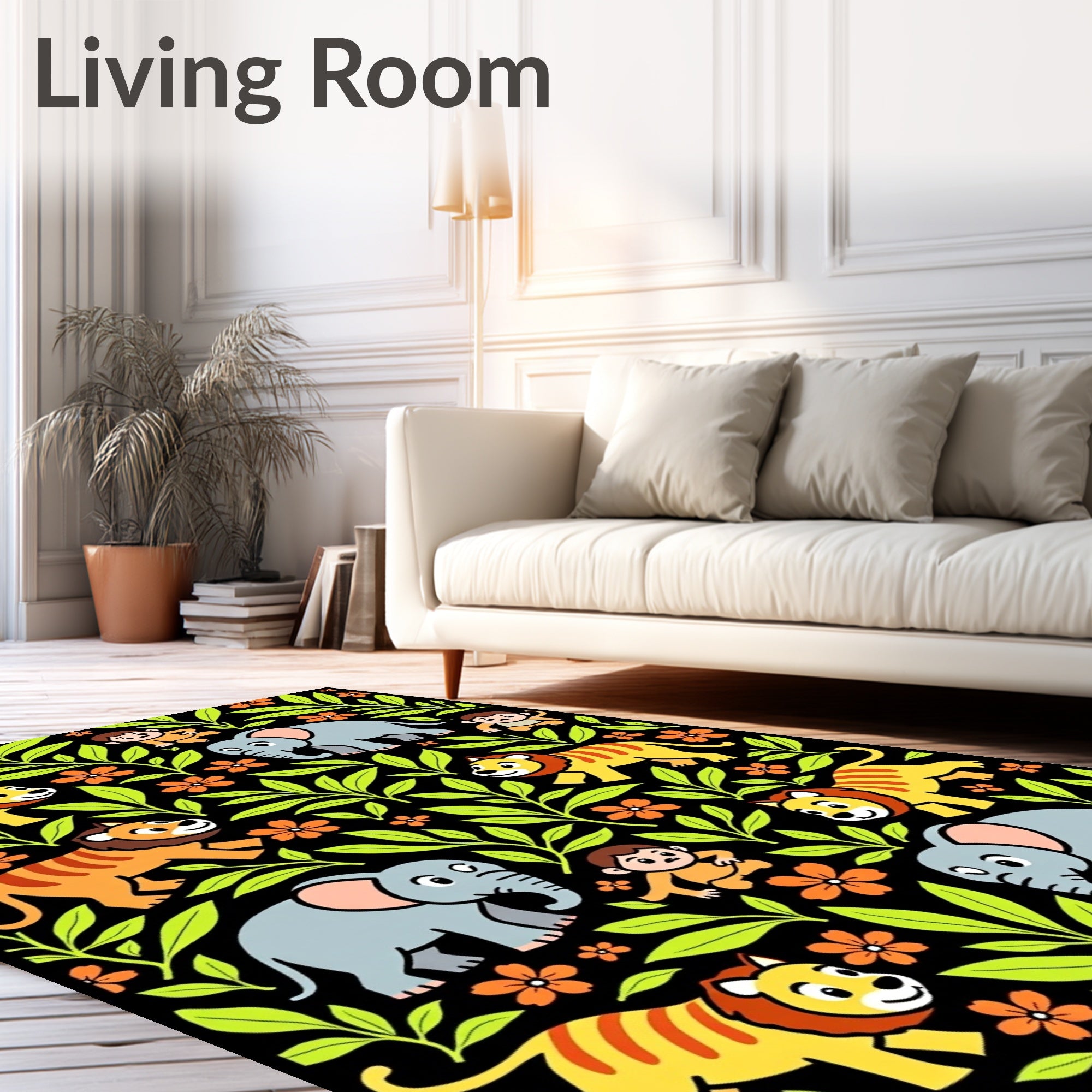 Jungle Animals Green Leaf Orange Flower Rug