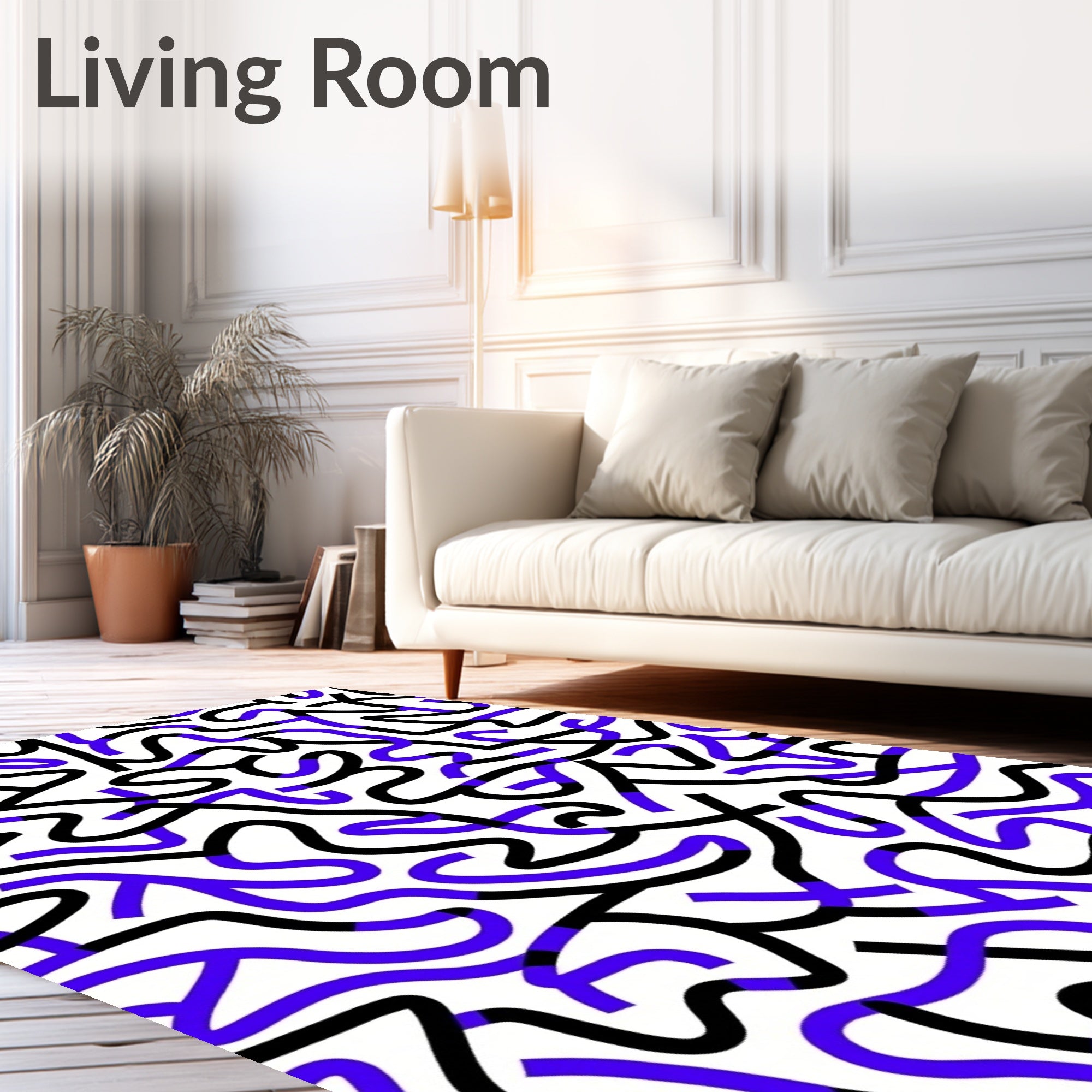 Modern Black Blue Line Art Rug