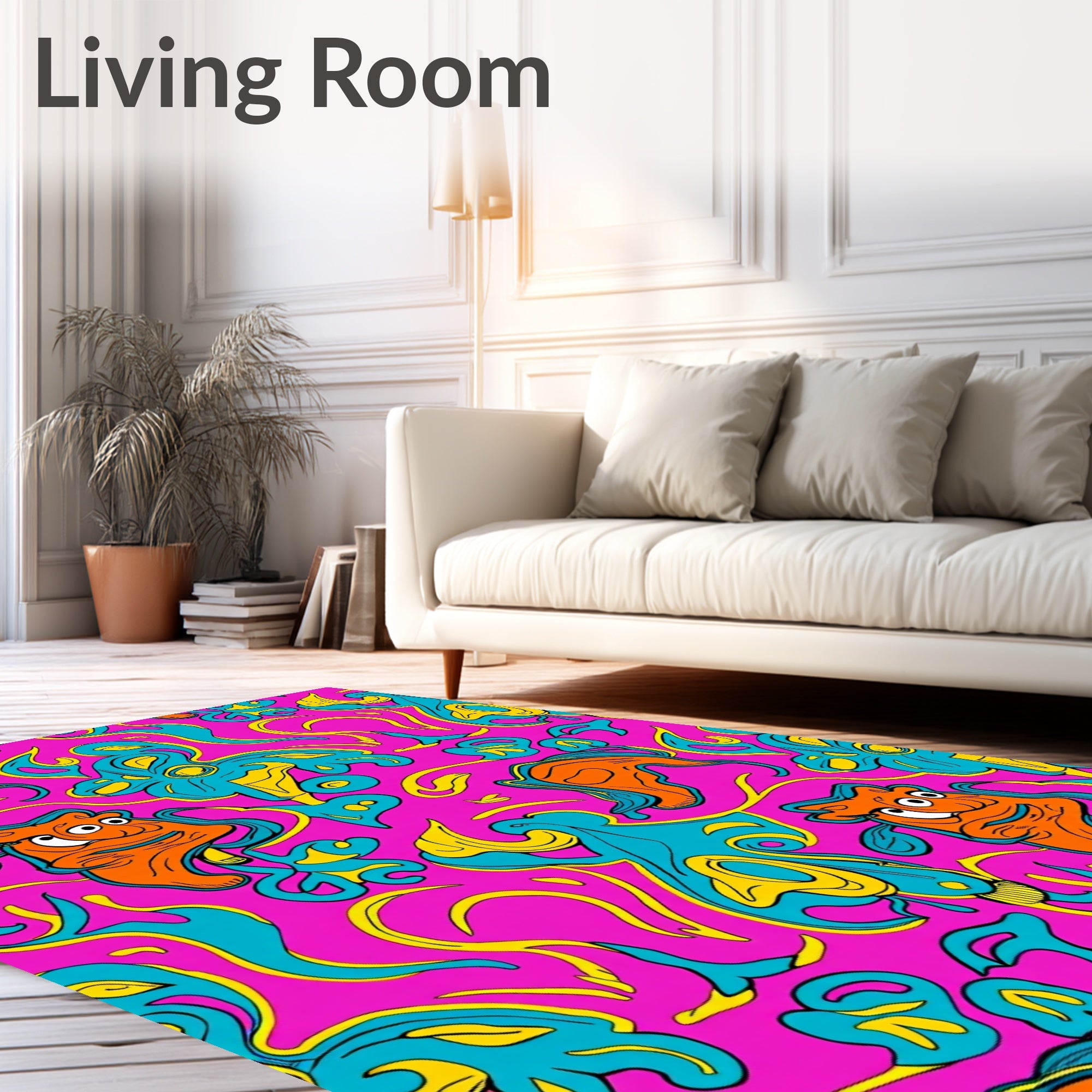 Whimsical Cartoon Creatures Pink Blue Yellow Rug