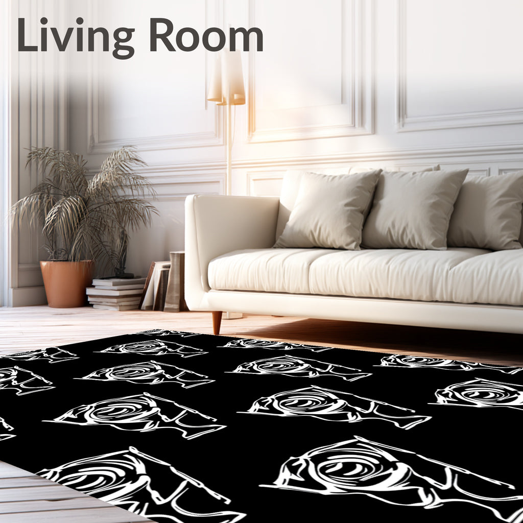 Abstract White Rose Outline Black Rug