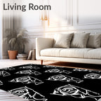 Abstract White Rose Outline Black Rug