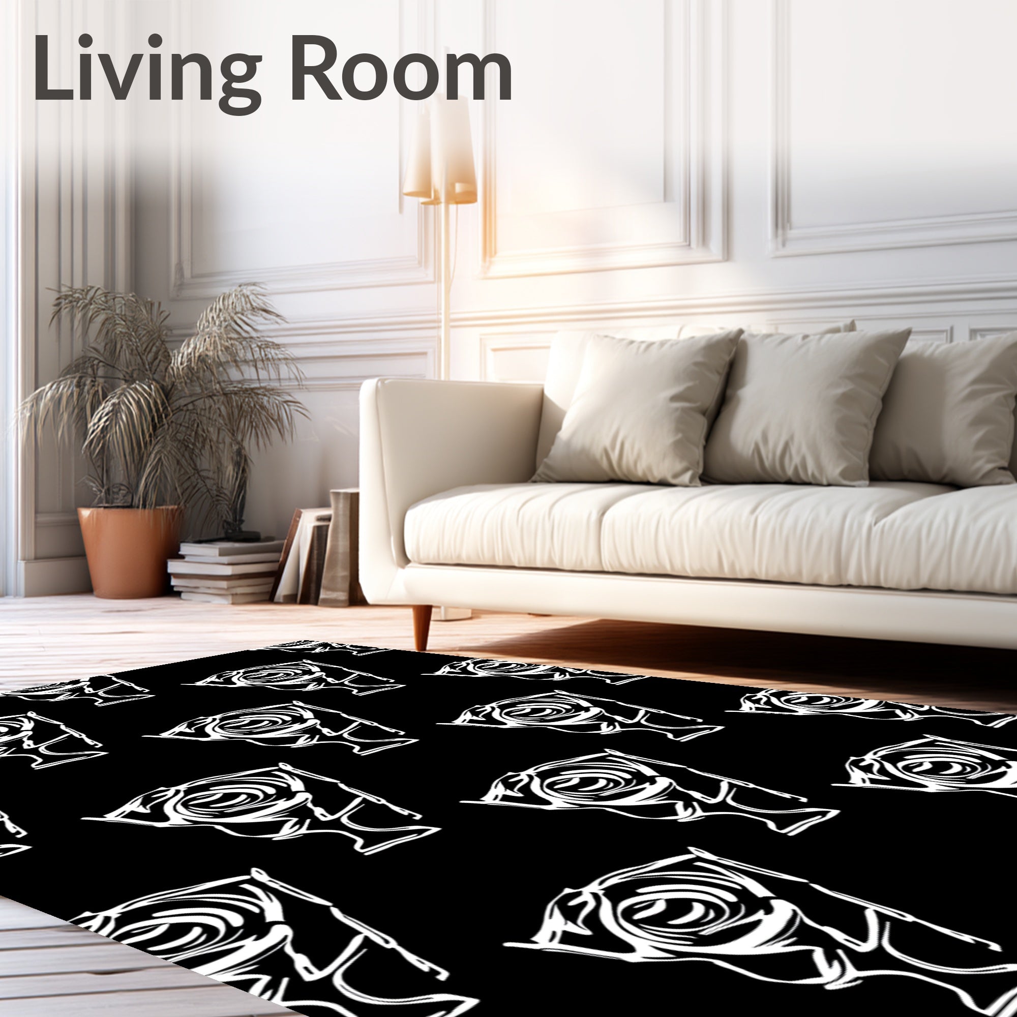 Abstract White Rose Outline Black Rug