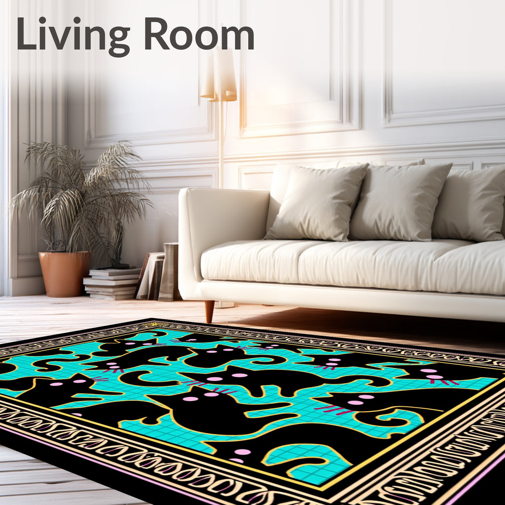 Black Cat Turquoise Grid Whimsical Border Rug