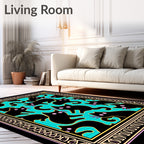 Black Cat Turquoise Grid Whimsical Border Rug