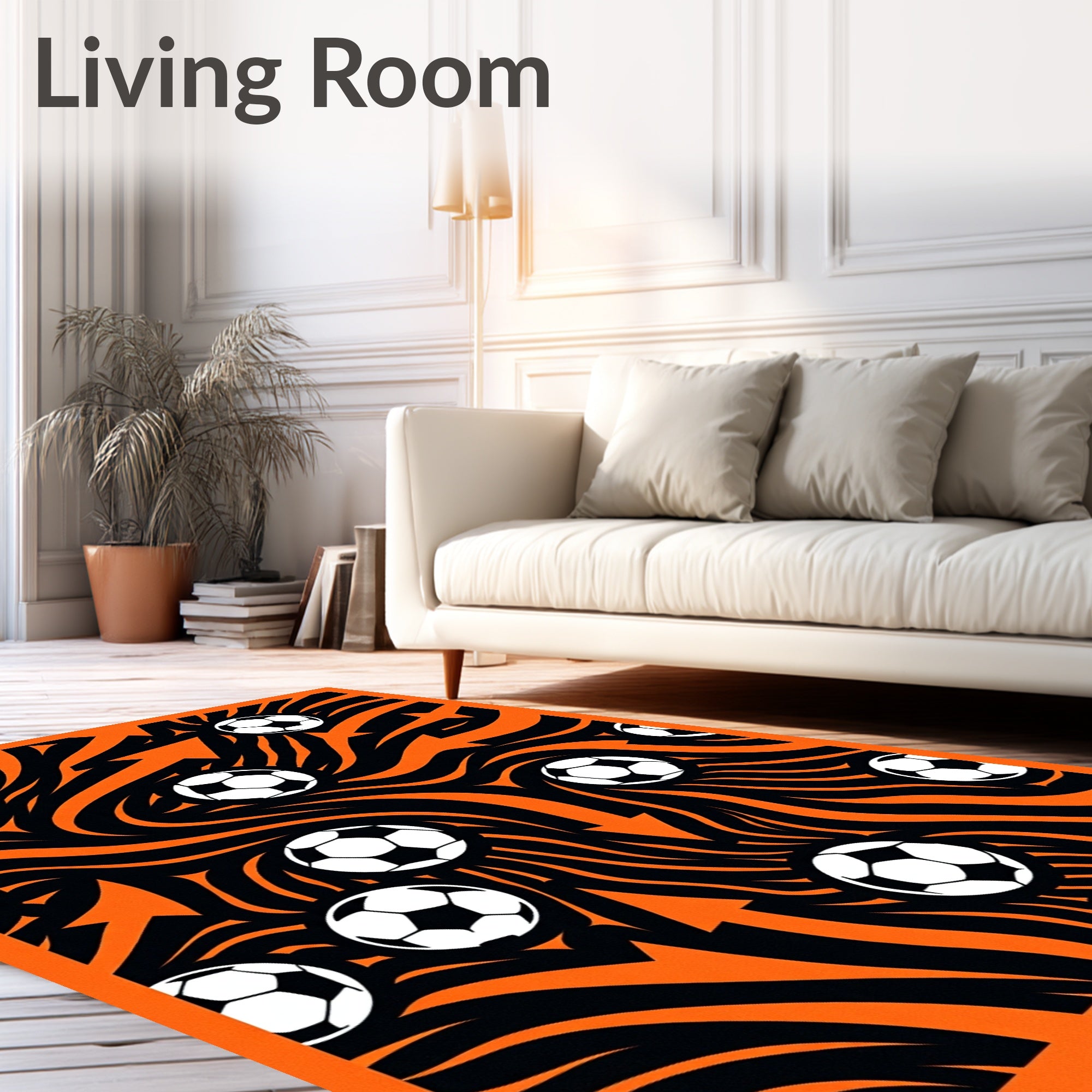 Dynamic Orange Soccer Ball Swirl Rug