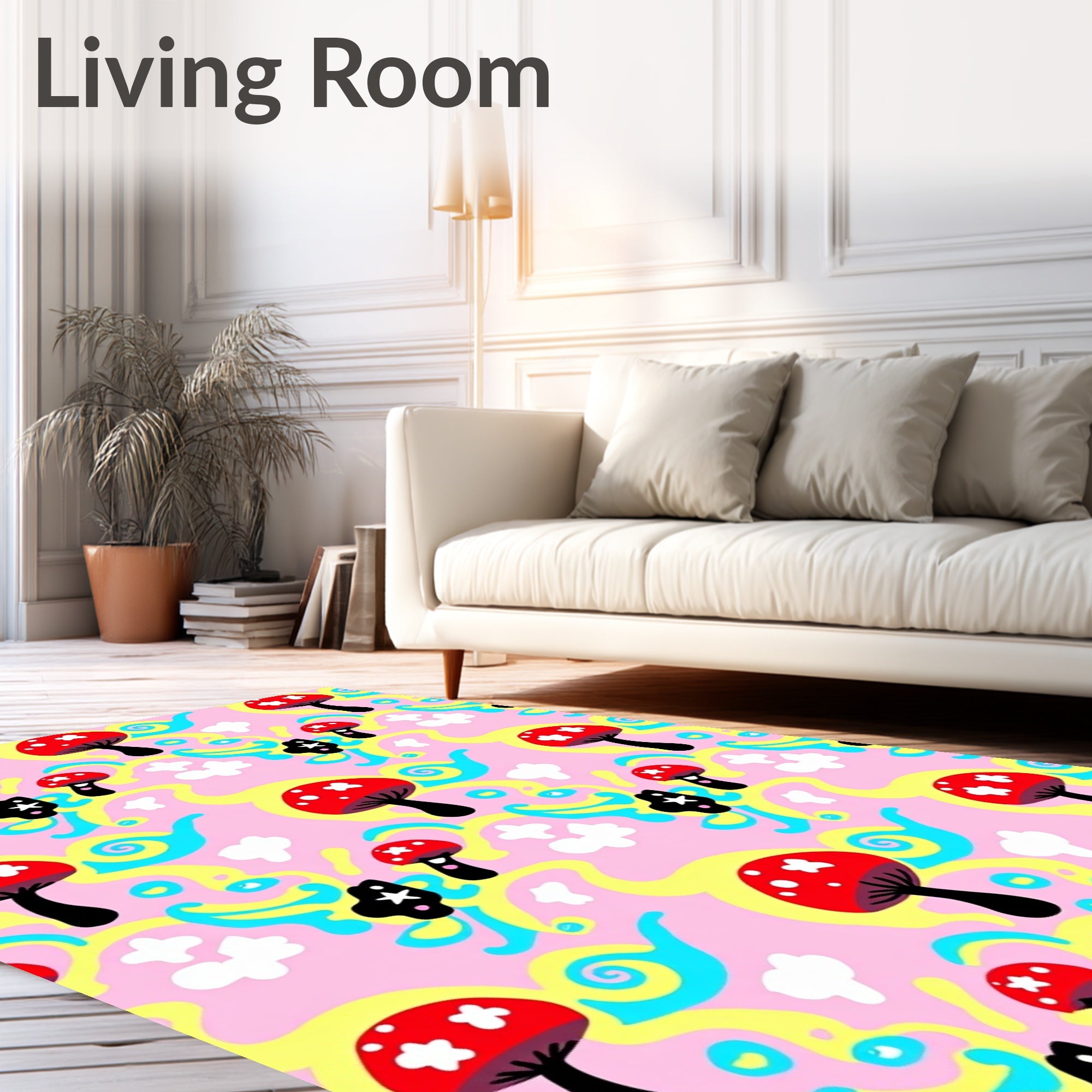 Whimsical Red Mushroom Swirl Pink Rug