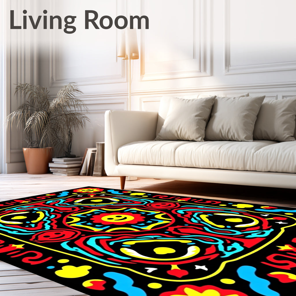 Vibrant Red Yellow Blue Smiling Sun Rug