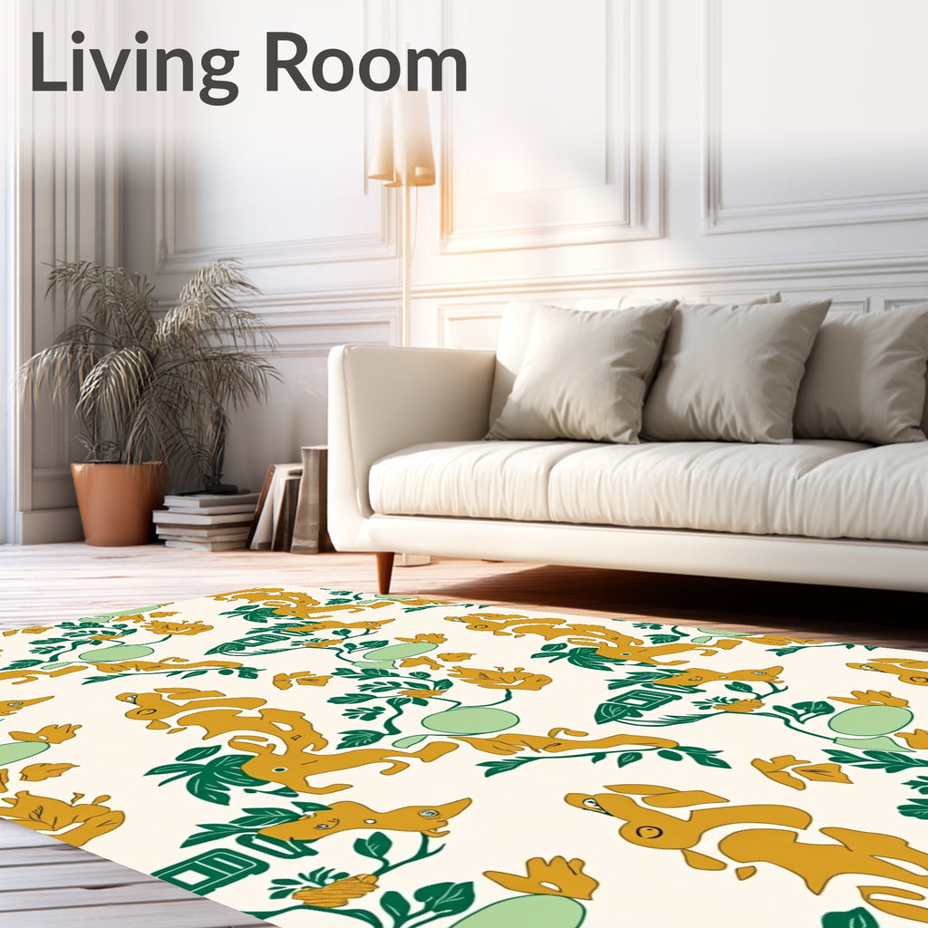Whimsical Mustard Creatures Greenery Arrangement Rug