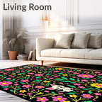 Whimsical Puppy Floral Garden Black Rug