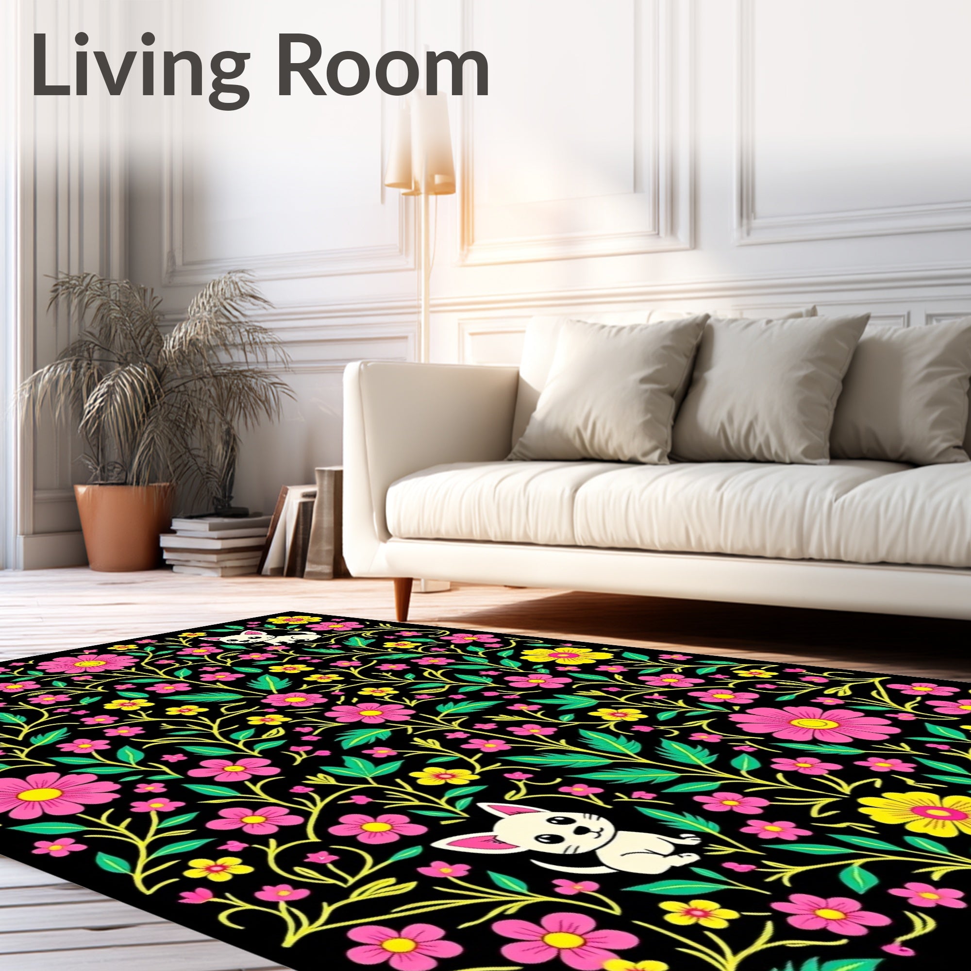 Whimsical Puppy Floral Garden Black Rug