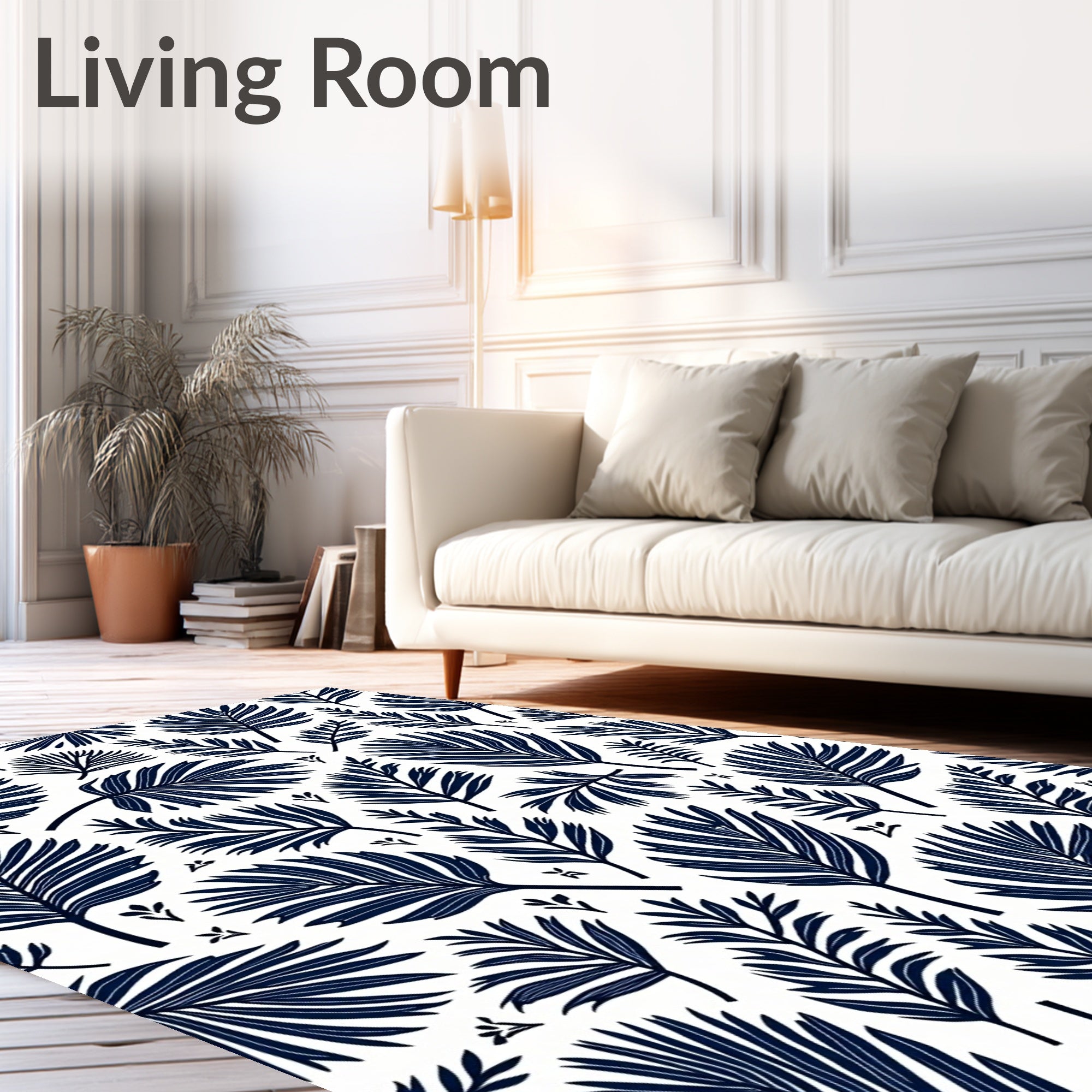 Navy Blue Tropical Palm Frond Collage Rug