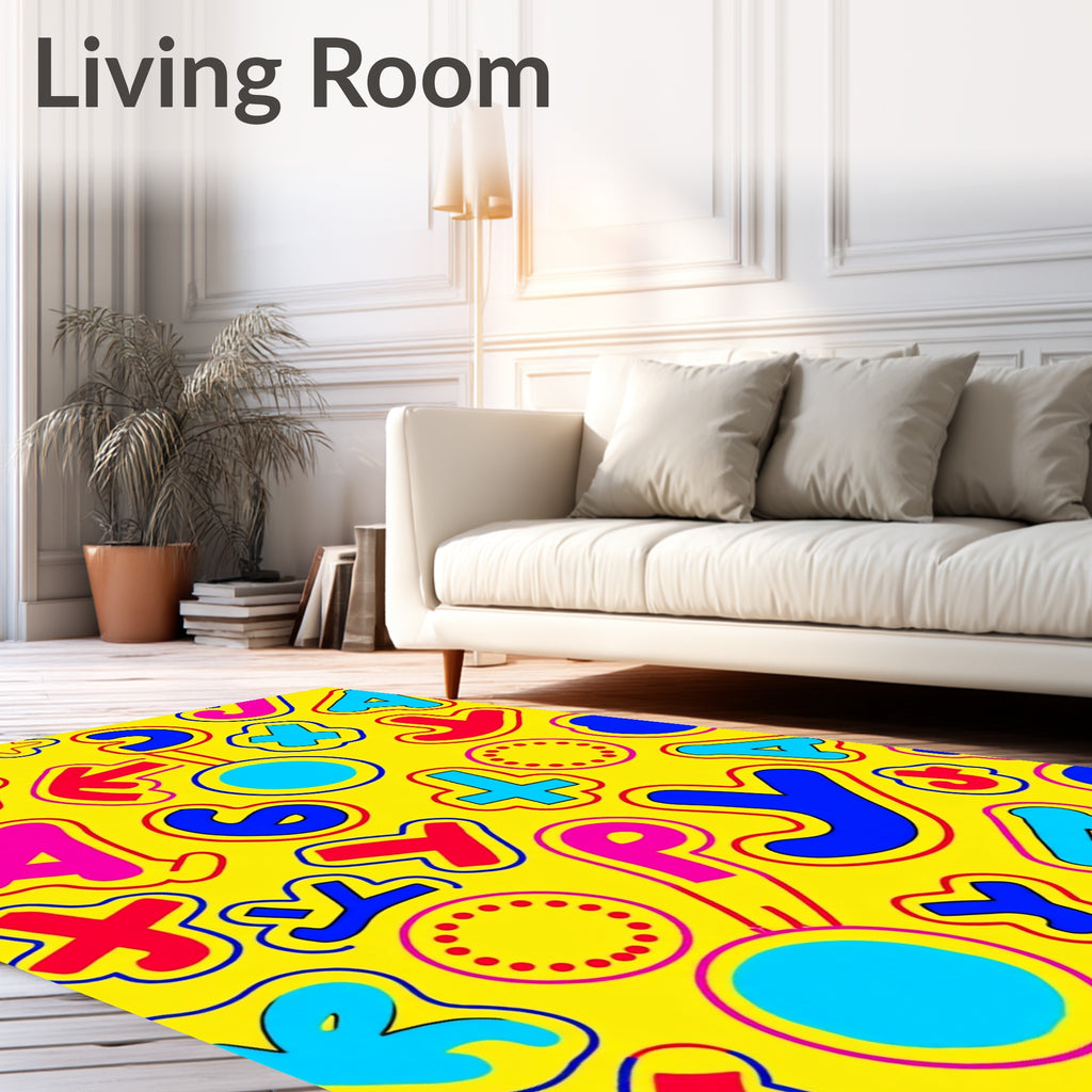 Playful Yellow Alphabet Circle Burst Rug