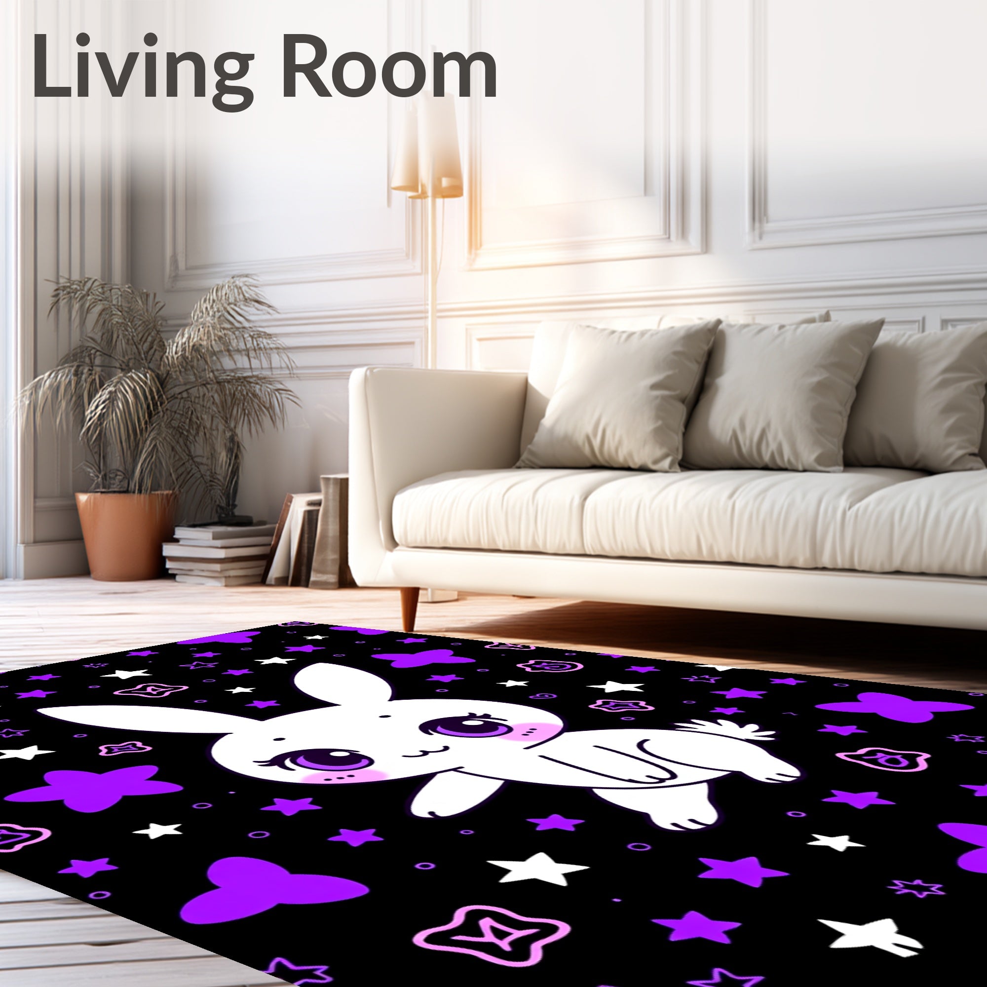 Cute White Bunny Purple Stars Night Rug
