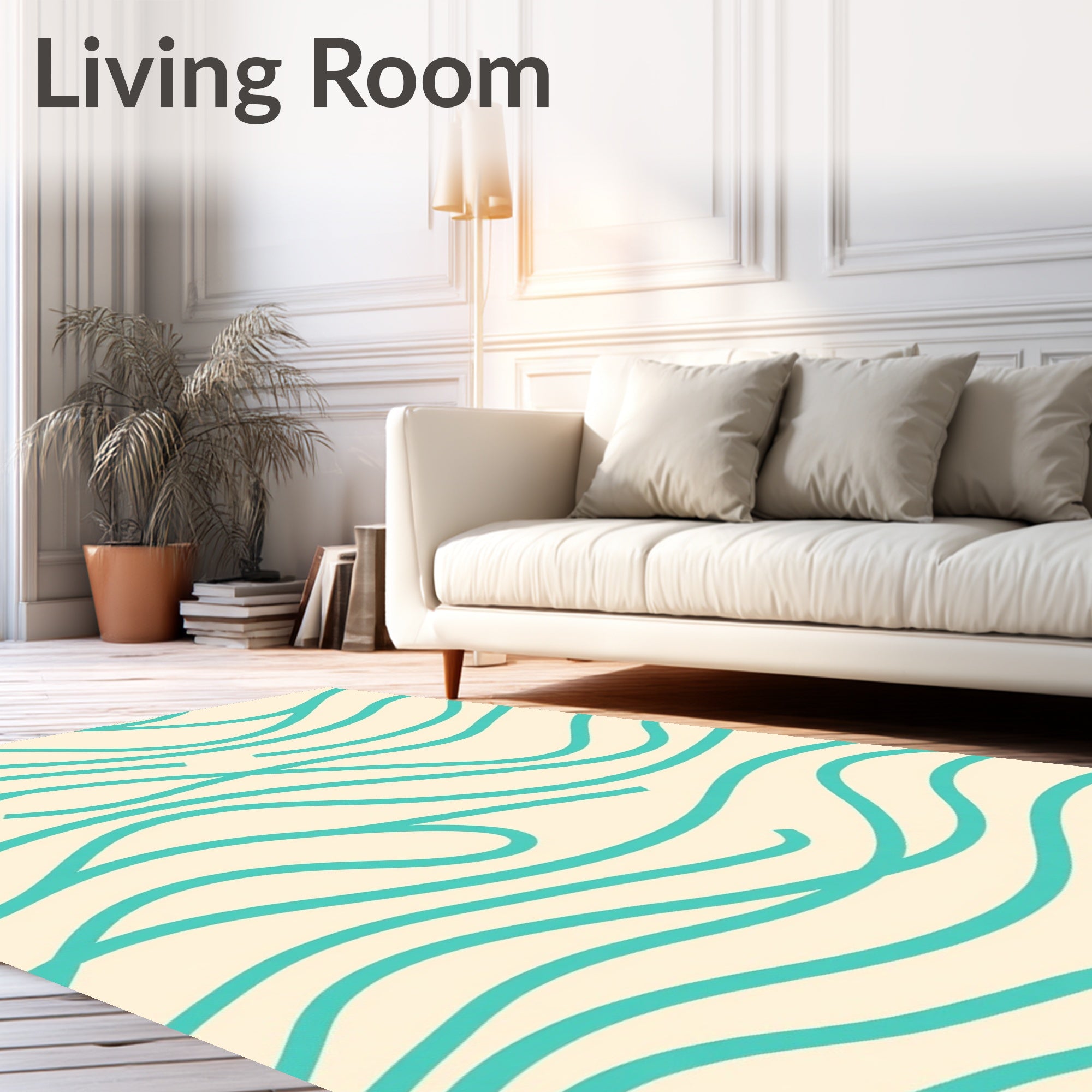 Cream Teal Abstract Wavy Lines Rug