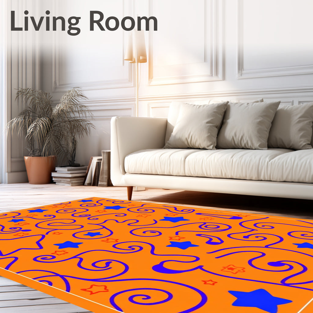 Orange Blue Stars Swirls Whimsical Rug
