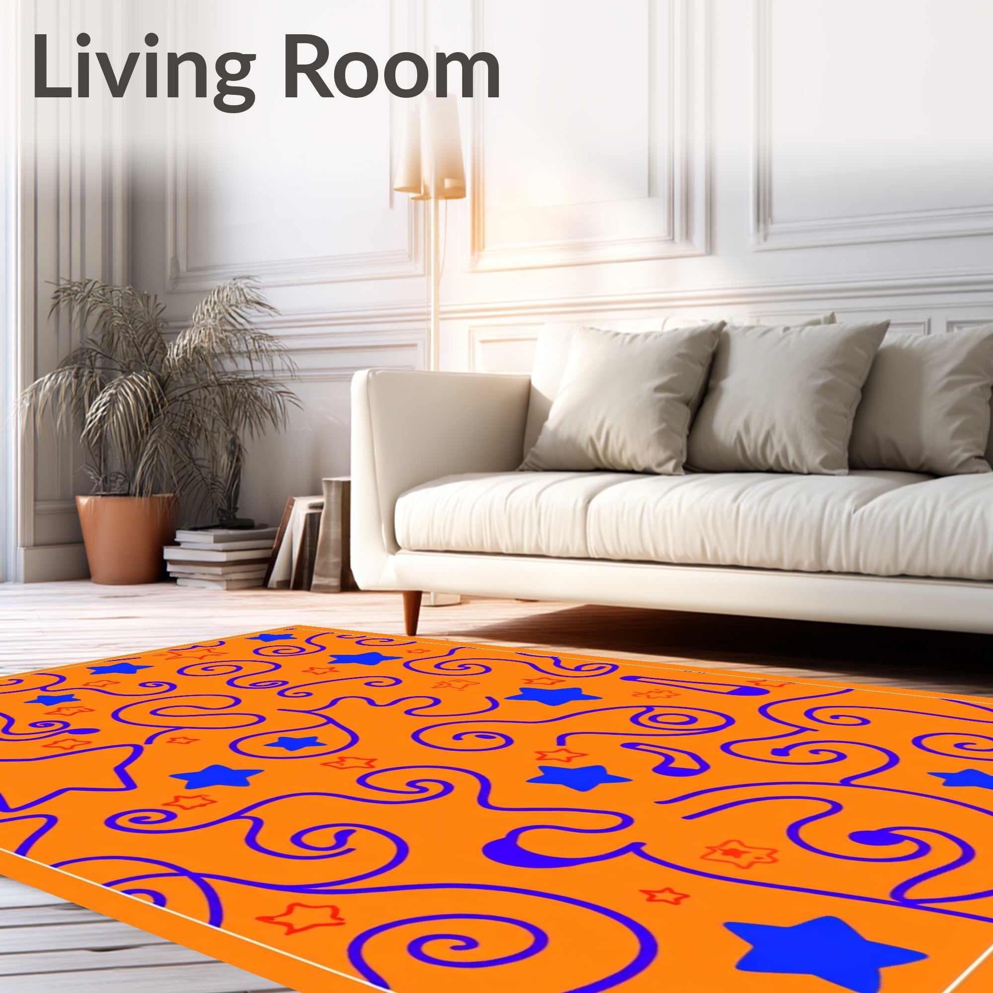 Orange Blue Stars Swirls Whimsical Rug
