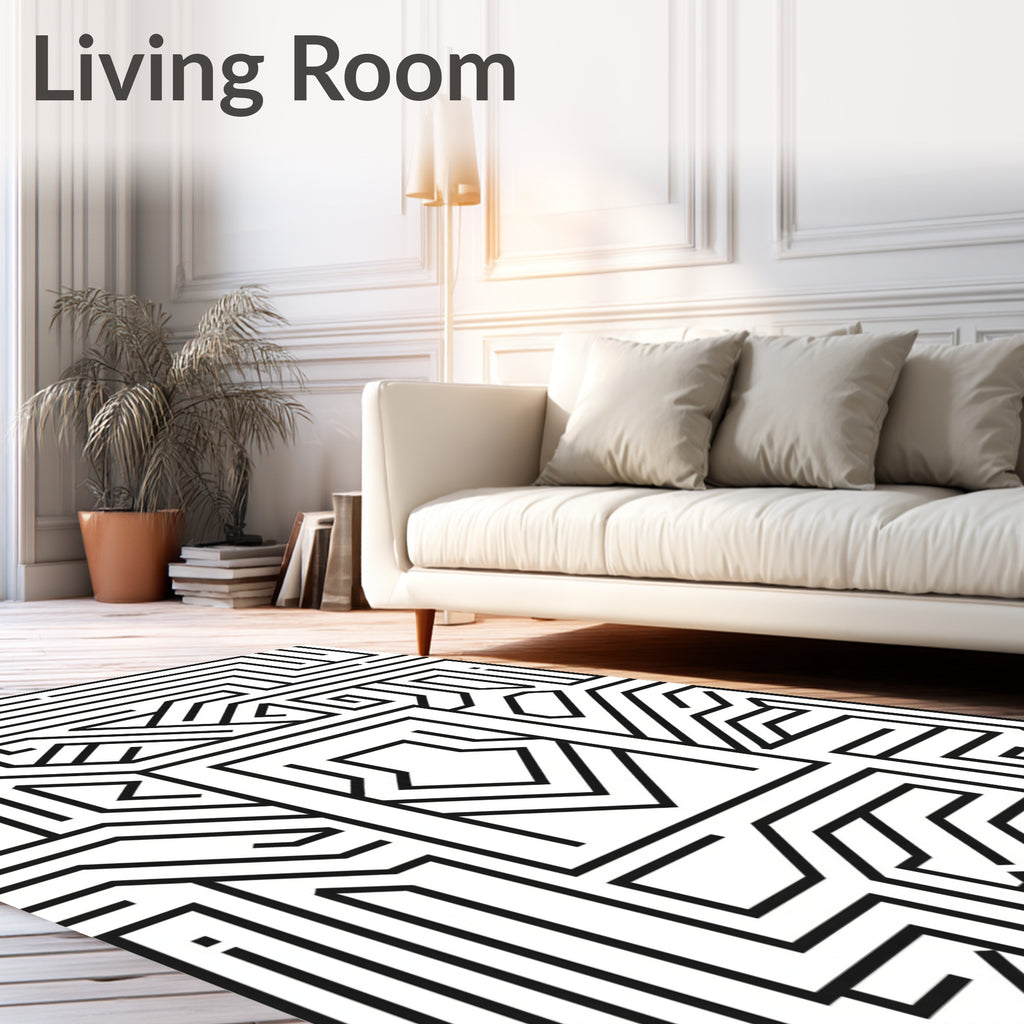 Black White Abstract Geometric Maze Rug
