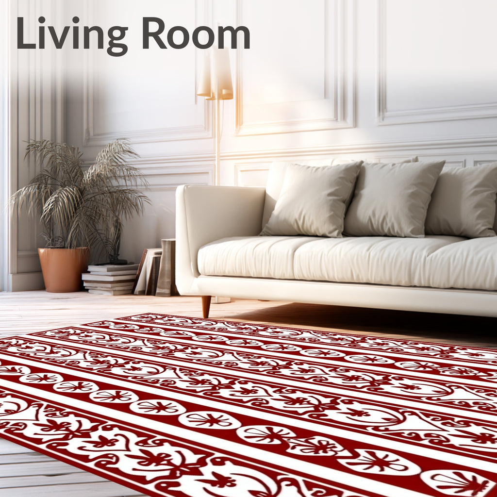 Crimson White Vertical Botanical Stripe Rug