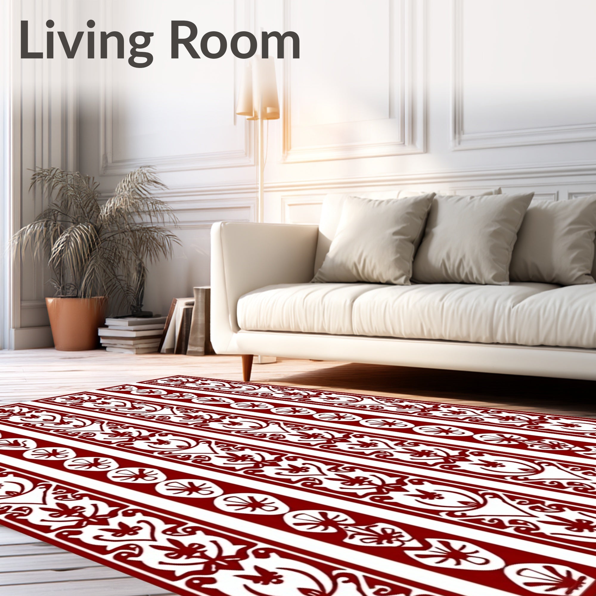 Crimson White Vertical Botanical Stripe Rug