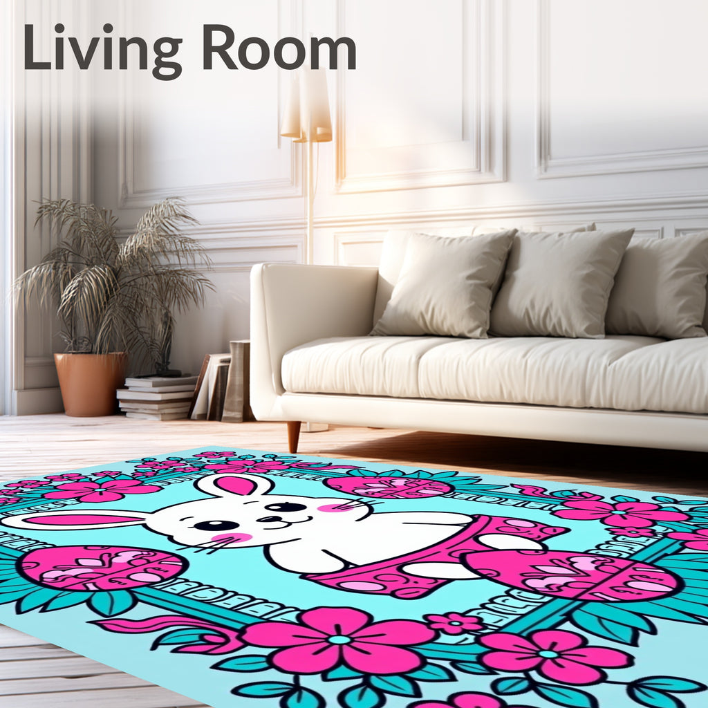 Whimsical Bunny Pink Floral Easter Egg Rug