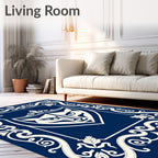 Majestic Blue Feline Crest Border Rug