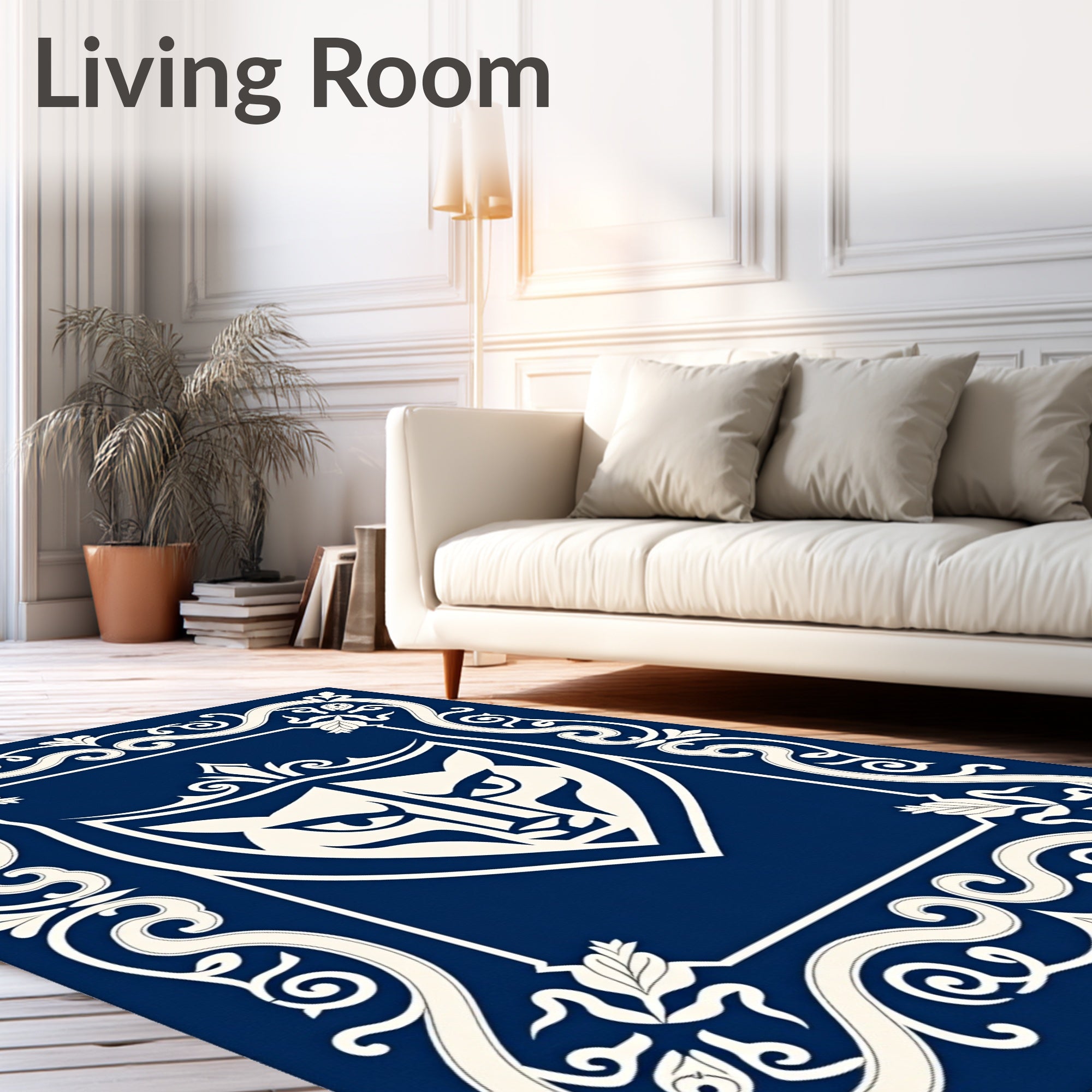 Majestic Blue Feline Crest Border Rug