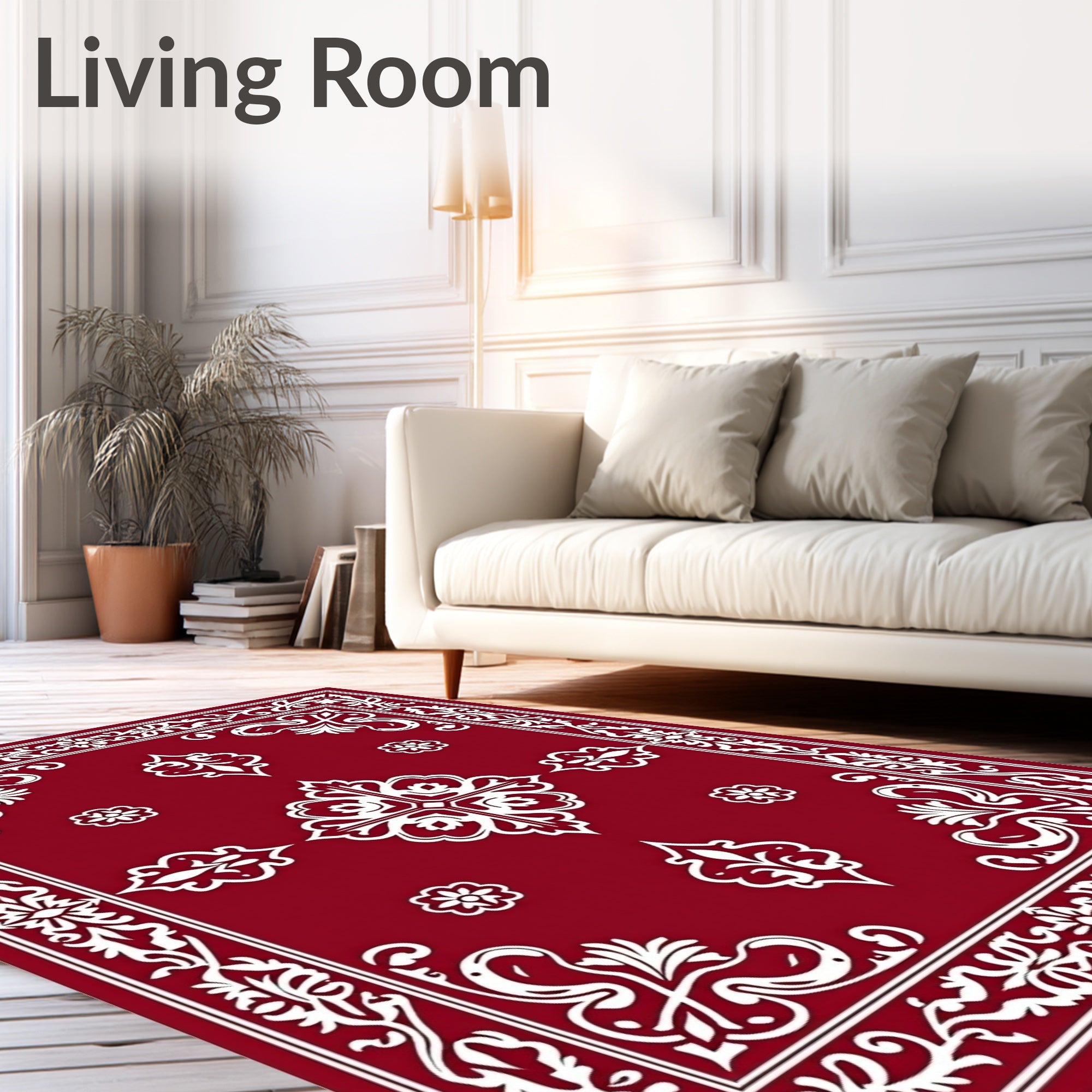 Deep Red White Curlicue Border Tapestry Rug