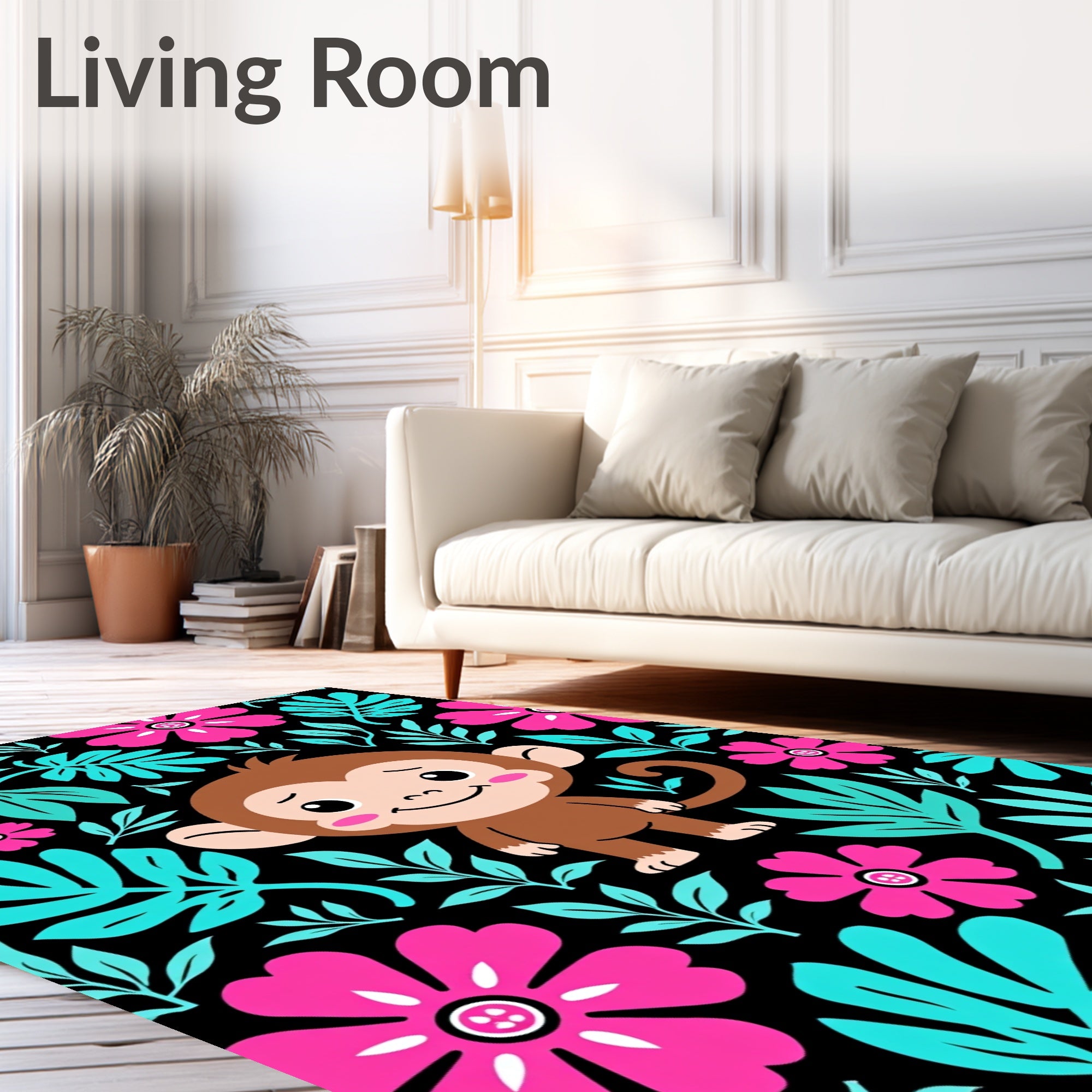 Cute Monkey Tropical Flower Arrangement Rug