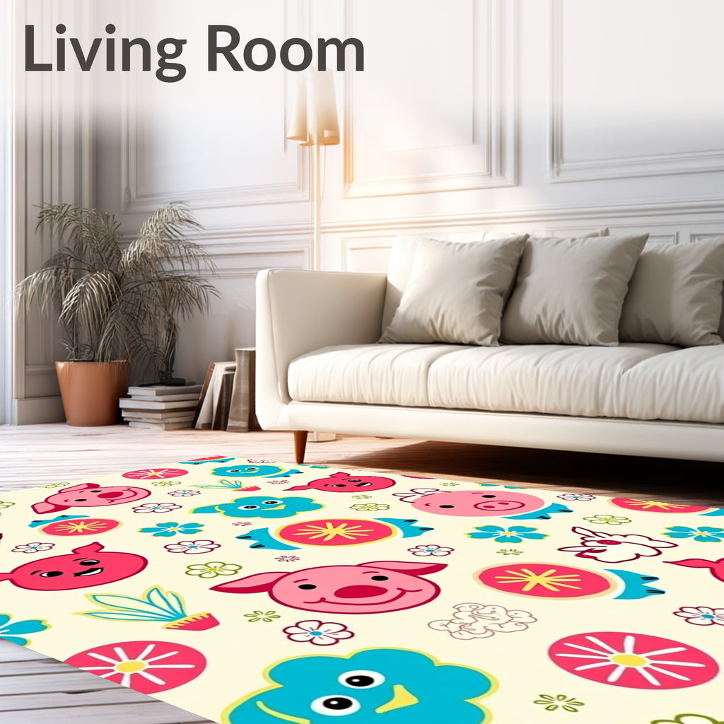 Playful Pink Blue Cartoon Piggy Flowers Rug