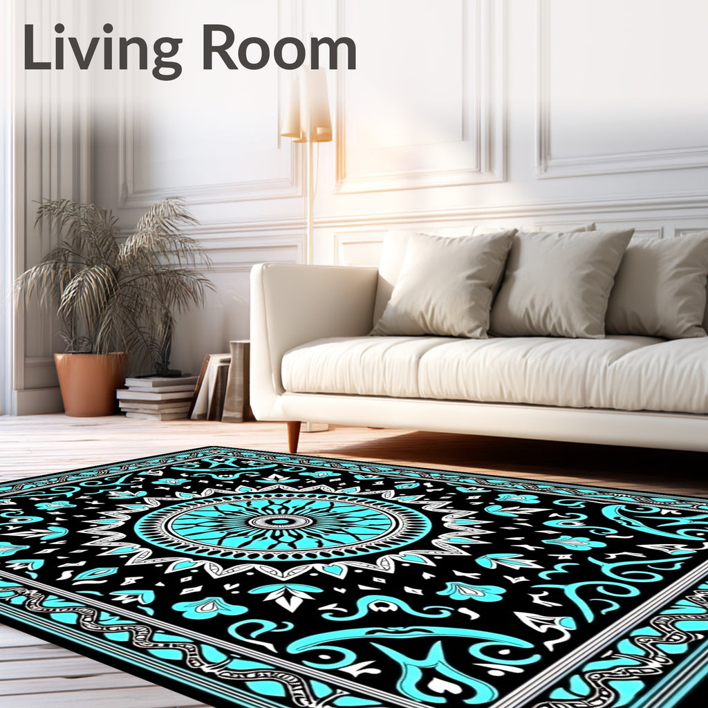 Black Teal Sunburst Mandala Rug
