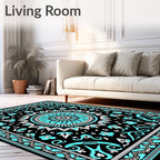 Black Teal Sunburst Mandala Rug
