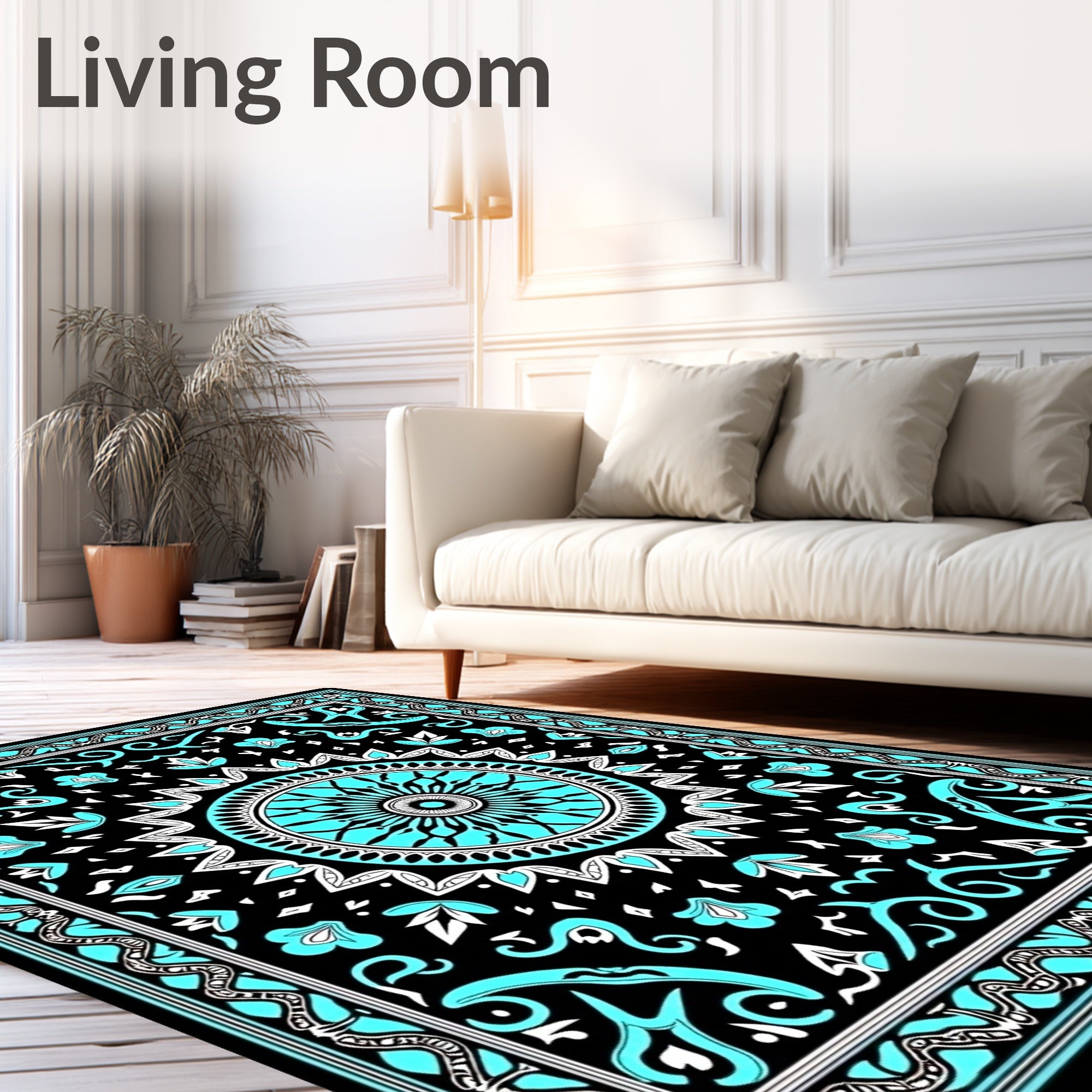 Black Teal Sunburst Mandala Rug