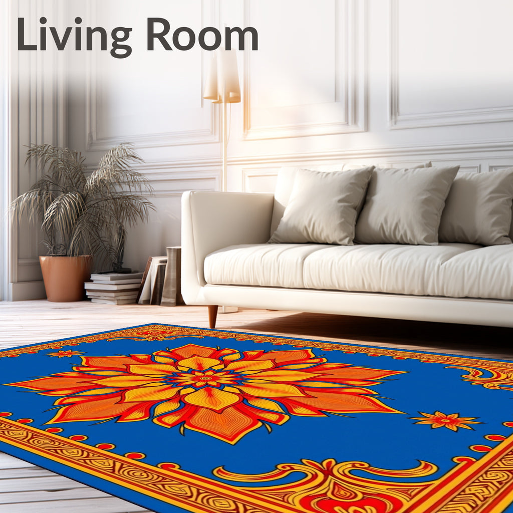 Vibrant Blue Orange Floral Medallion Rug