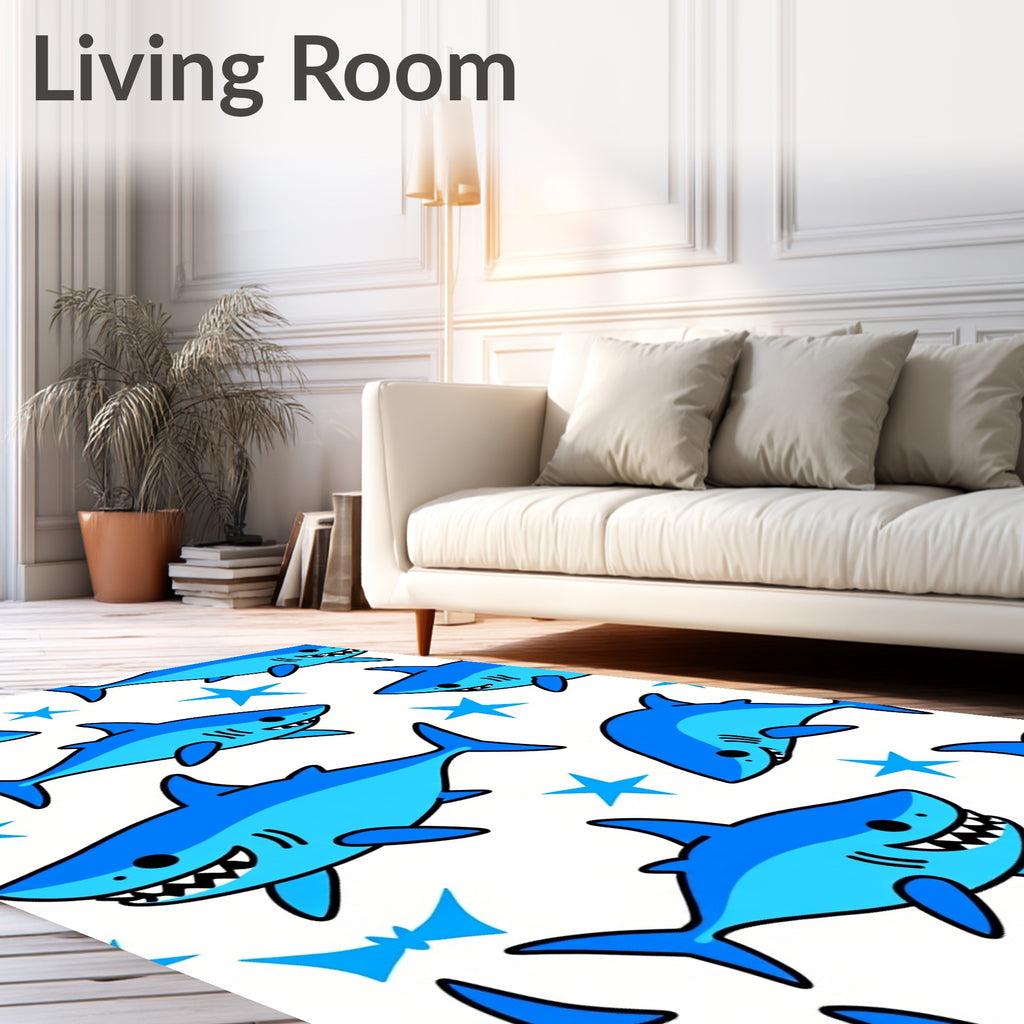 Cartoon Blue Sharks With Stars Rug