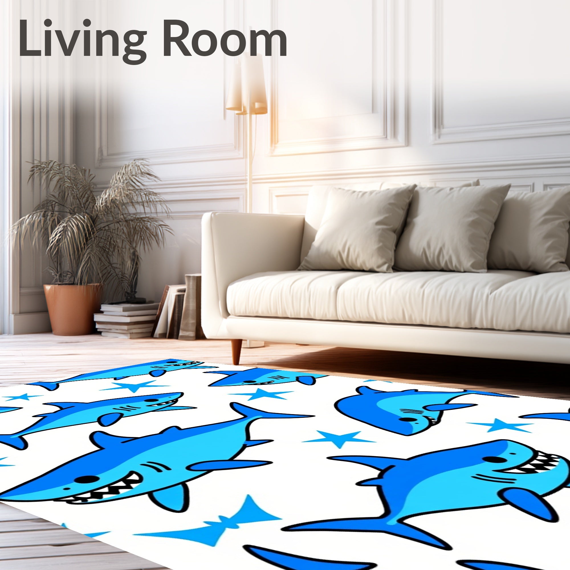 Cartoon Blue Sharks With Stars Rug