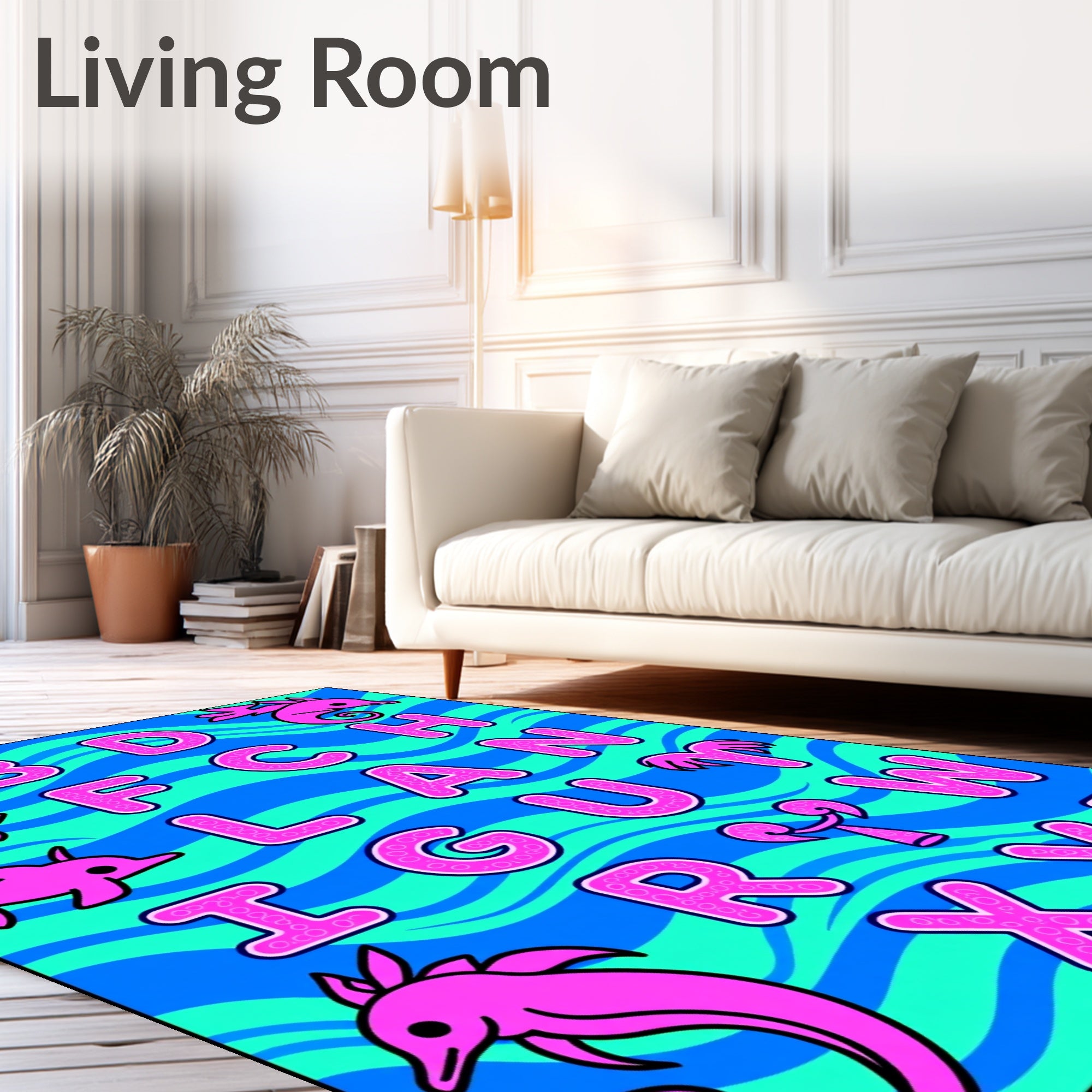 Pink Dolphins Waves Alphabet Rug