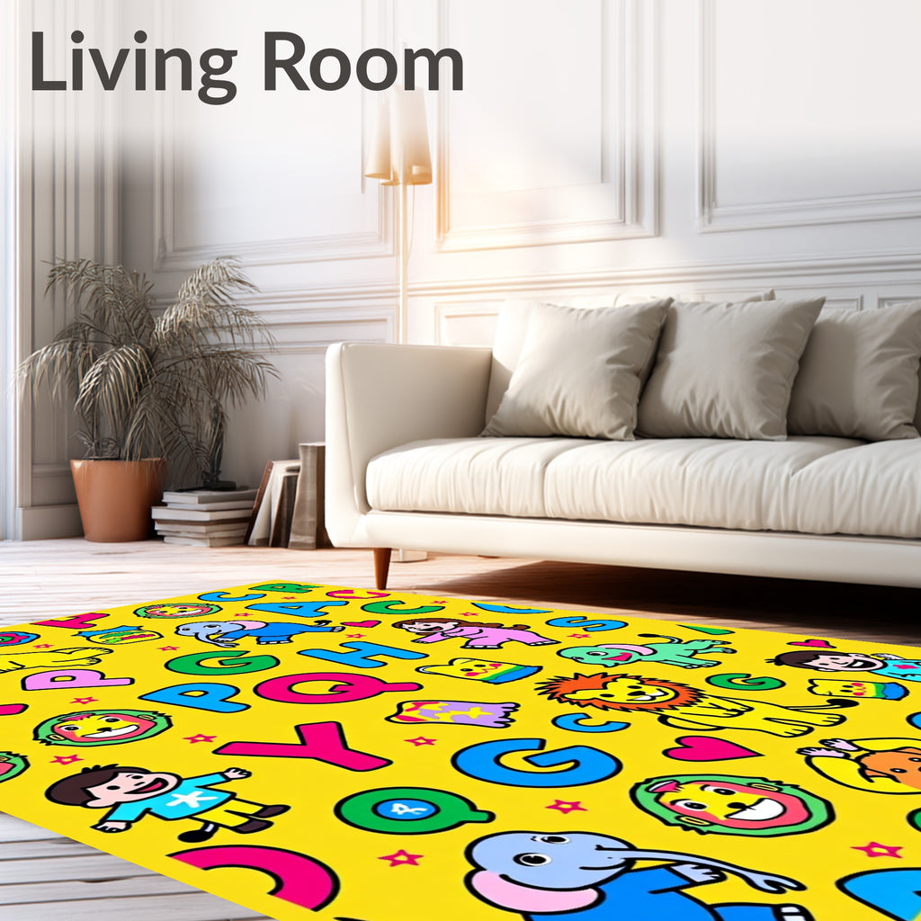 Whimsical Alphabet Animals Yellow Rug