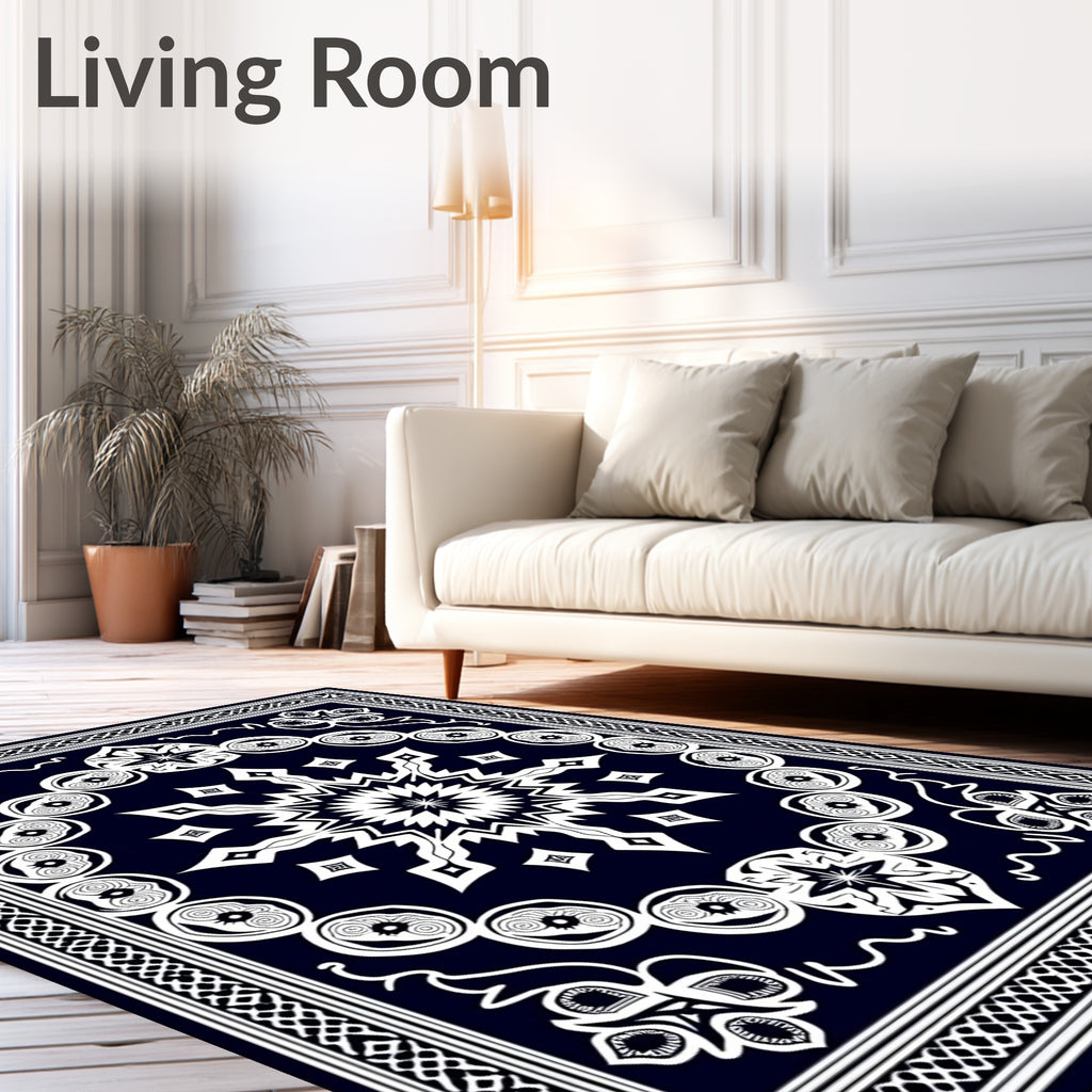 Dark Blue White Ornamental Sunburst Rug