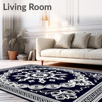Dark Blue White Ornamental Sunburst Rug