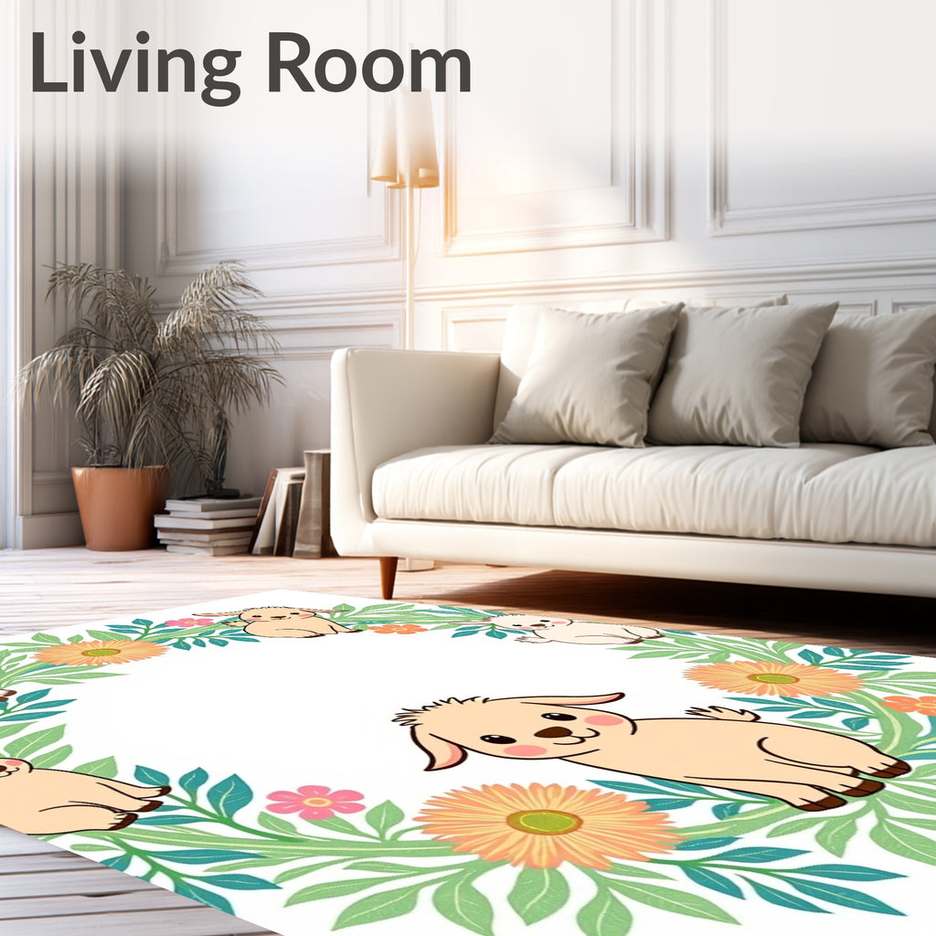 Whimsical Baby Goat Floral Wreath Rug